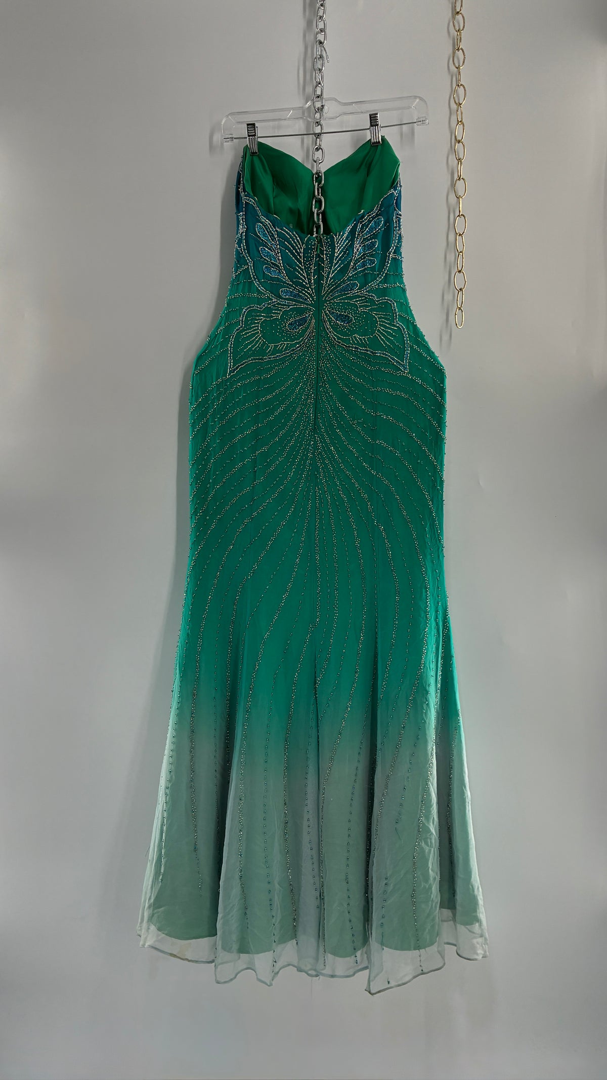 Vintage 1990s STUDIO17 100% Fully Beaded Silk Aquamarine Butterfly Dress (8)
