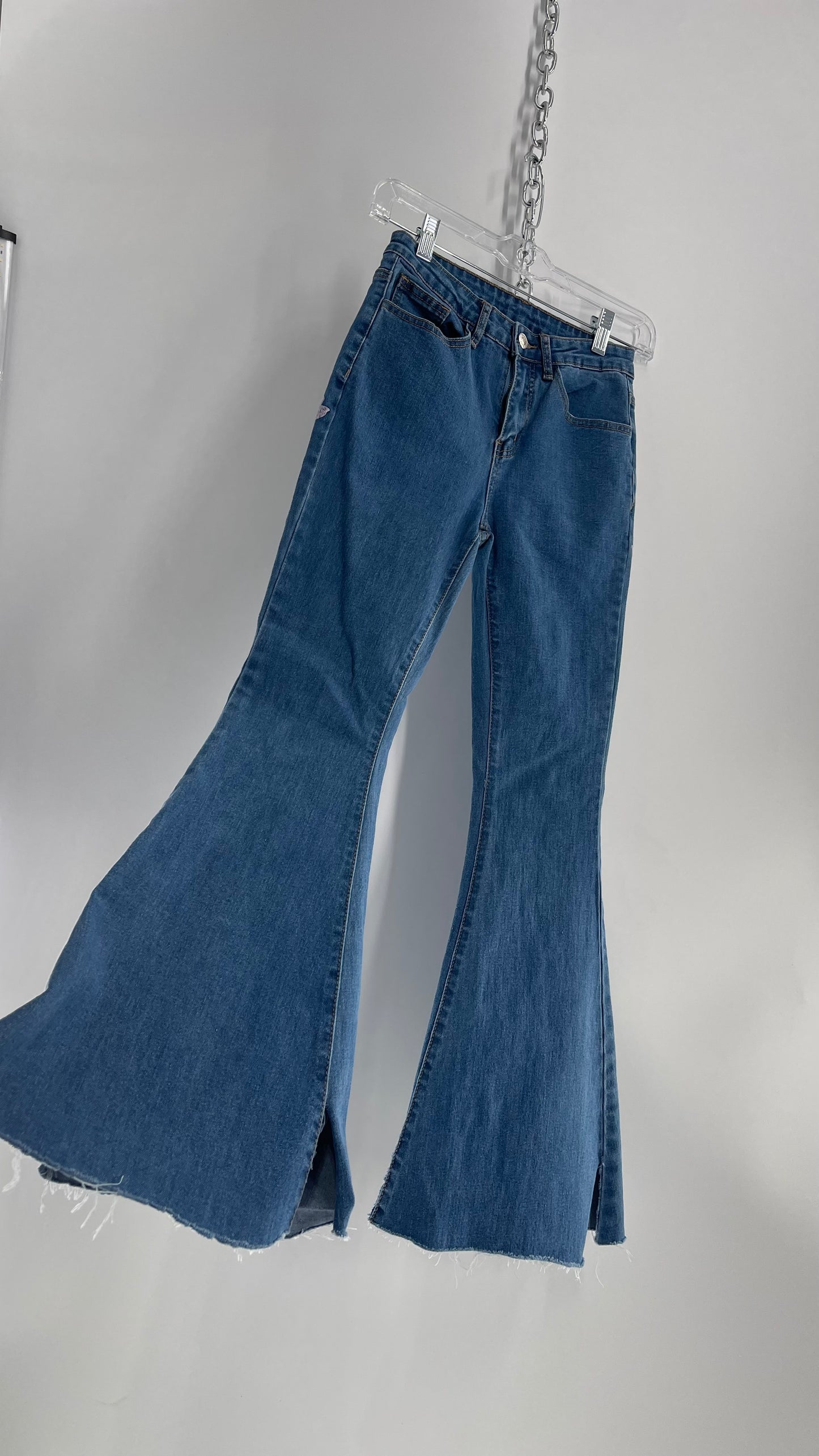 Medium Wash Denim Flares with Floral Embroidery (XS 0/2)