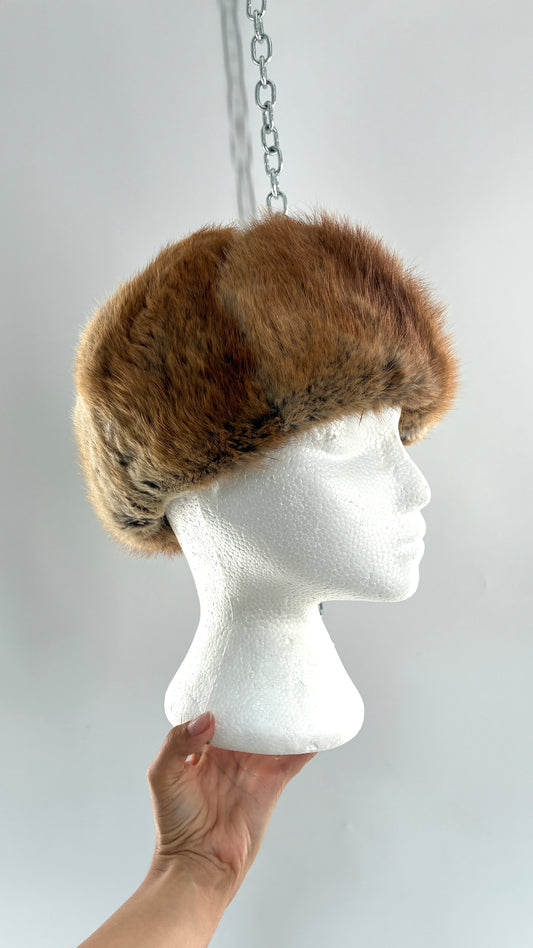Vintage 1950s Genuine Fur Pill Box/Aviator Hat with Quilted Interior