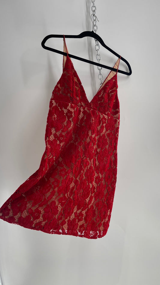 Free People Red Corduroy Lace Mini Dress with Neutral Underlay (0)