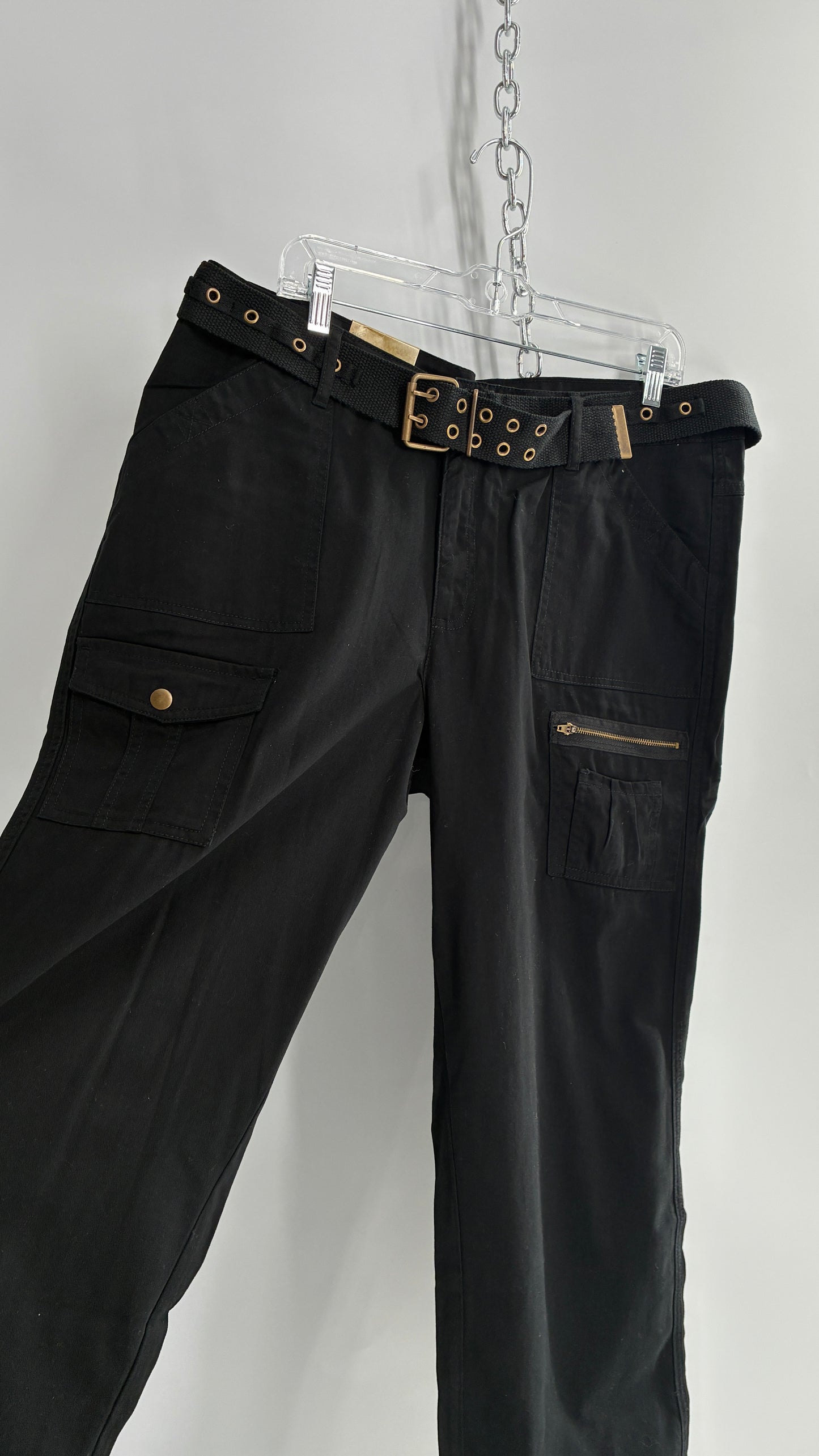 Deadstock Vintage MOKACHINO Black Kickflare Low Rise Belted Cargos (16X)