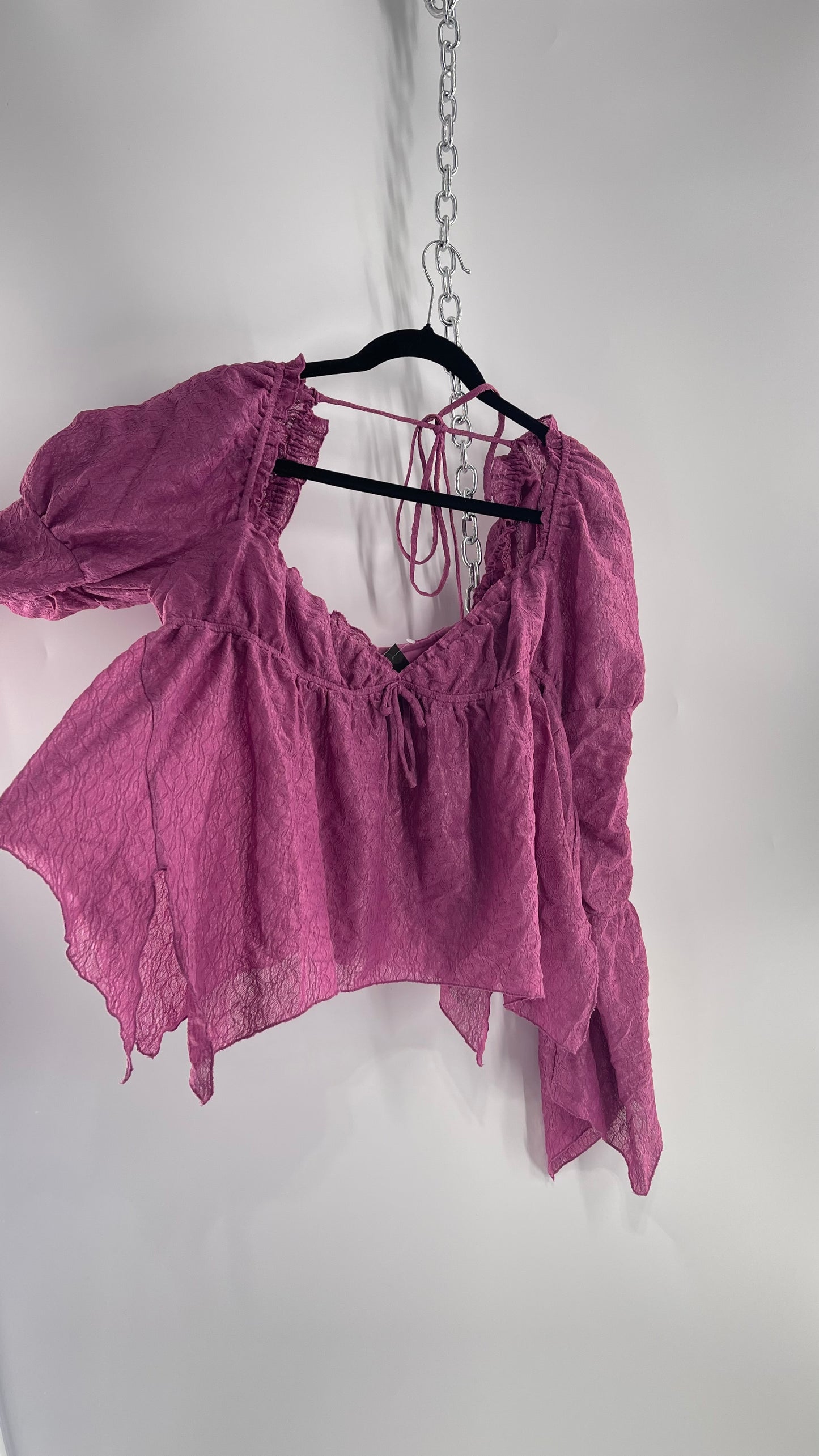 Urban Outfitters Purple Lace Blouse with Handkerchief Slit Hem, Princess Fairy Sleeves, Ruffle Trim Bust and Low Back (Large)