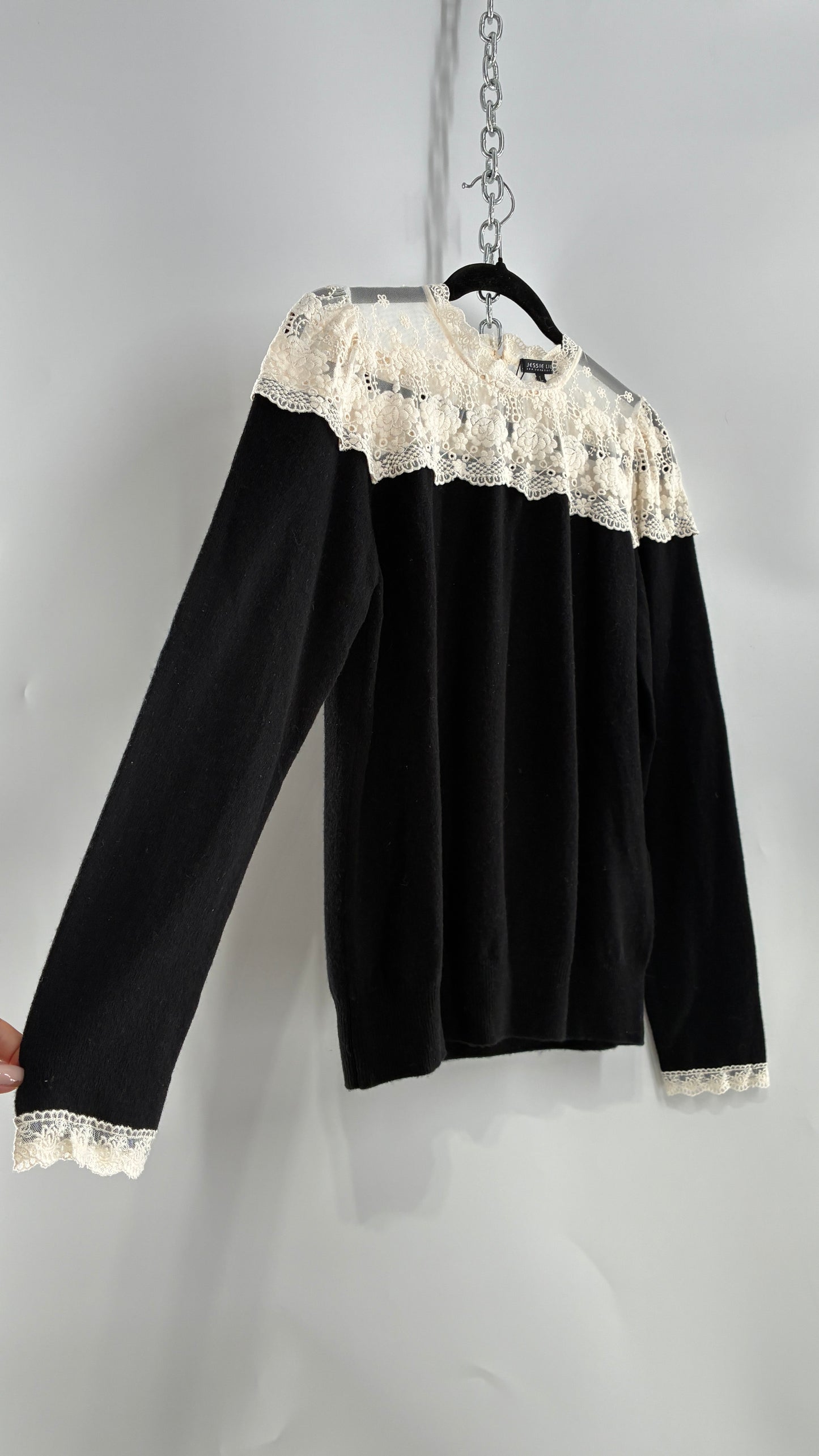 JESSIE LIU Amari Black 100% Merino Wool Sweater with Ivory Lace Neckline and Cuffs (Large)