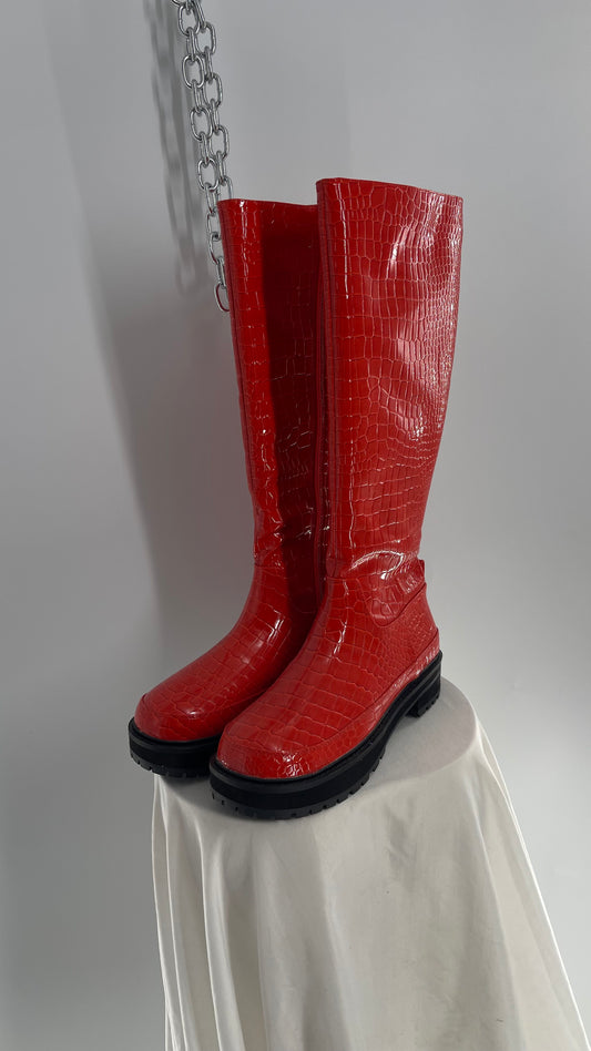 Urban Outfitters Orange Crocodile Embossed Knee High Boots (9)