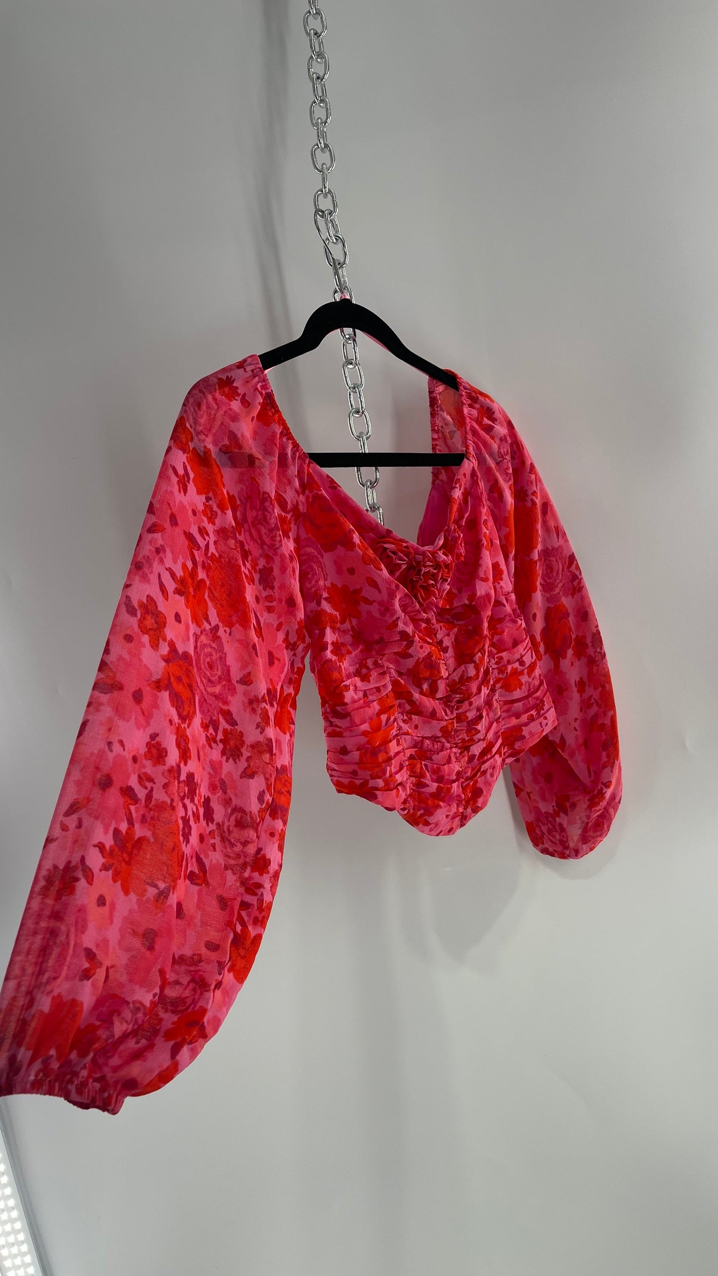 Free People Cropped Floral Blouse with Ruched Body, Balloon Sleeves and Appliqué Rosette Bustline with Tags Attached (XS)