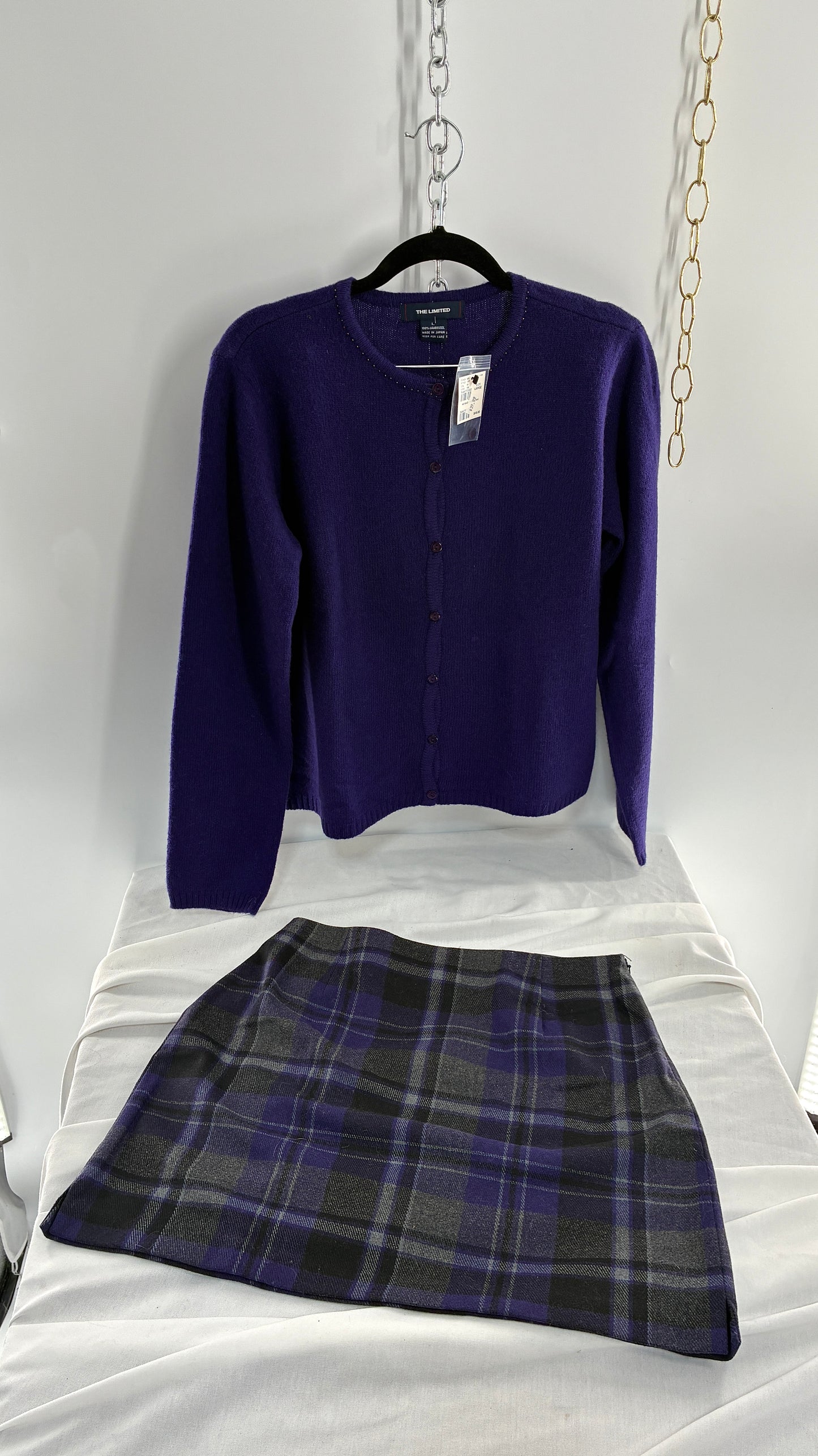 Deadstock Vintage THE LIMITED Japanese 100% Lambswool Purple Cardigan and Plaid Mini Skirt Set (L,10)