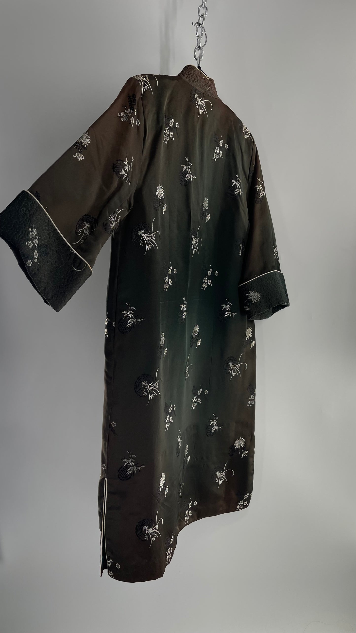 Vintage Hong Kong, Hand Made, Dark Green Silk Kimono Coat/Smoking Jacket (38)