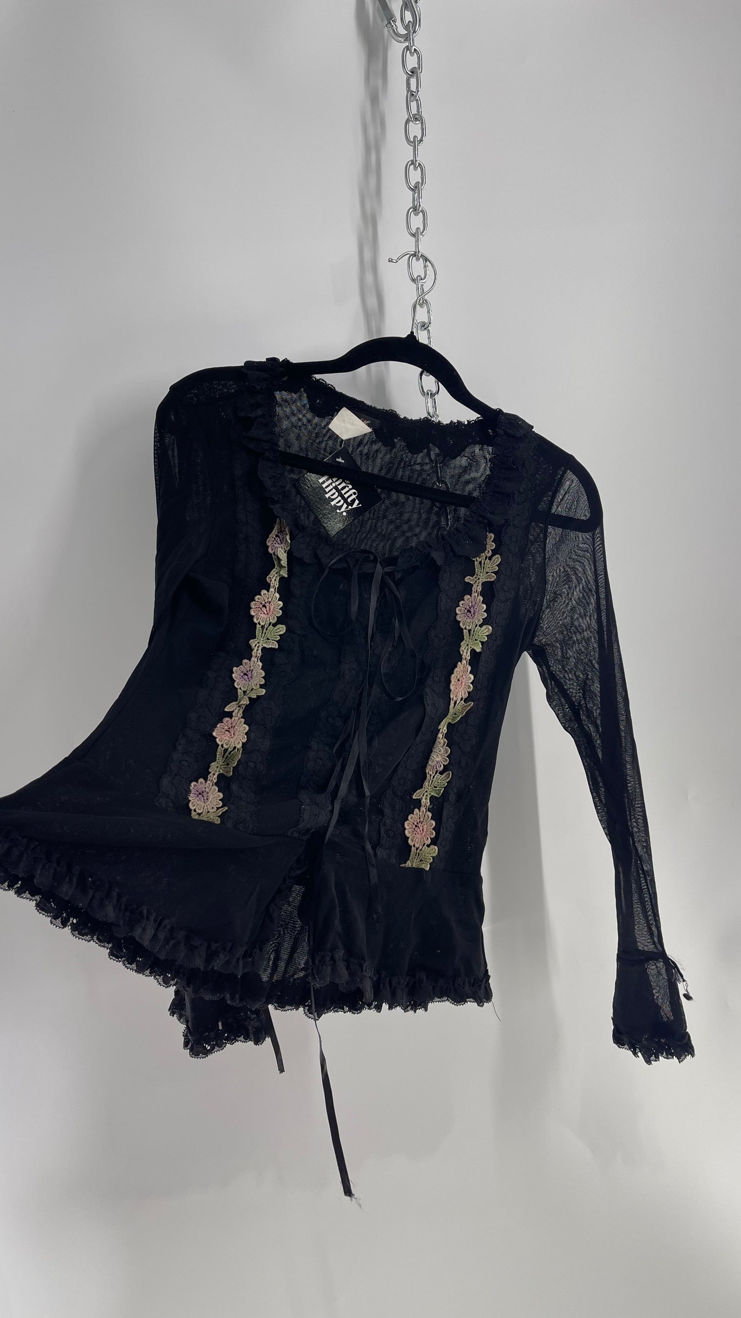 MICHEL Black Lace Up, Ruffle Lined Blouse with Floral Lace (Large)