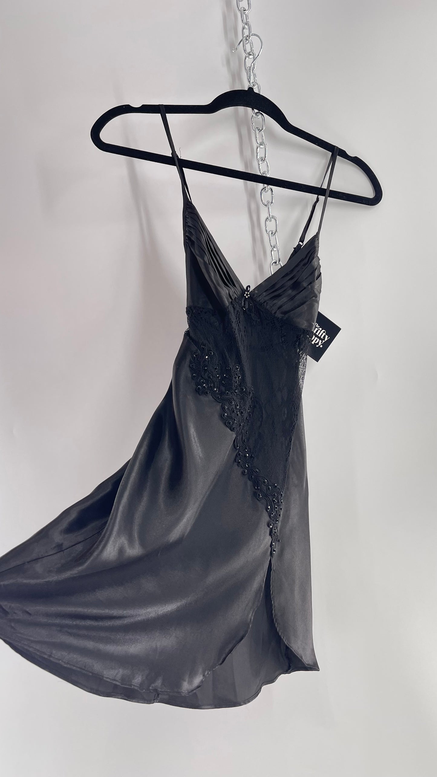 La Vie en Rose Black Silky Slip Mini Dress with Lace Cut Out, Pleated Bust and Beaded Lace Appliqué (XS)