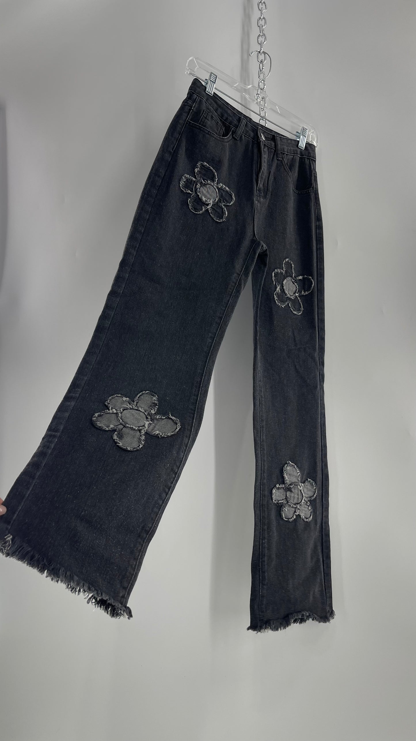 Gray Kickflare Jeans with Distressed Flower Patches (XS)