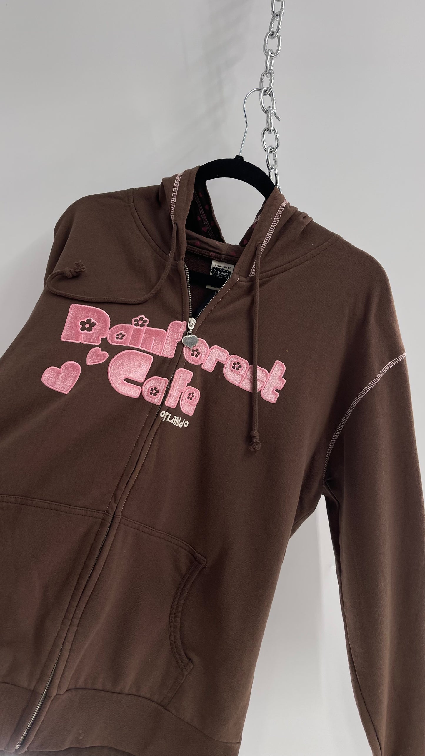 Vintage Rainforest Cafe Zip Up Hoodie with Pink Font and Heart Patches/Patterned Hood (XXL)