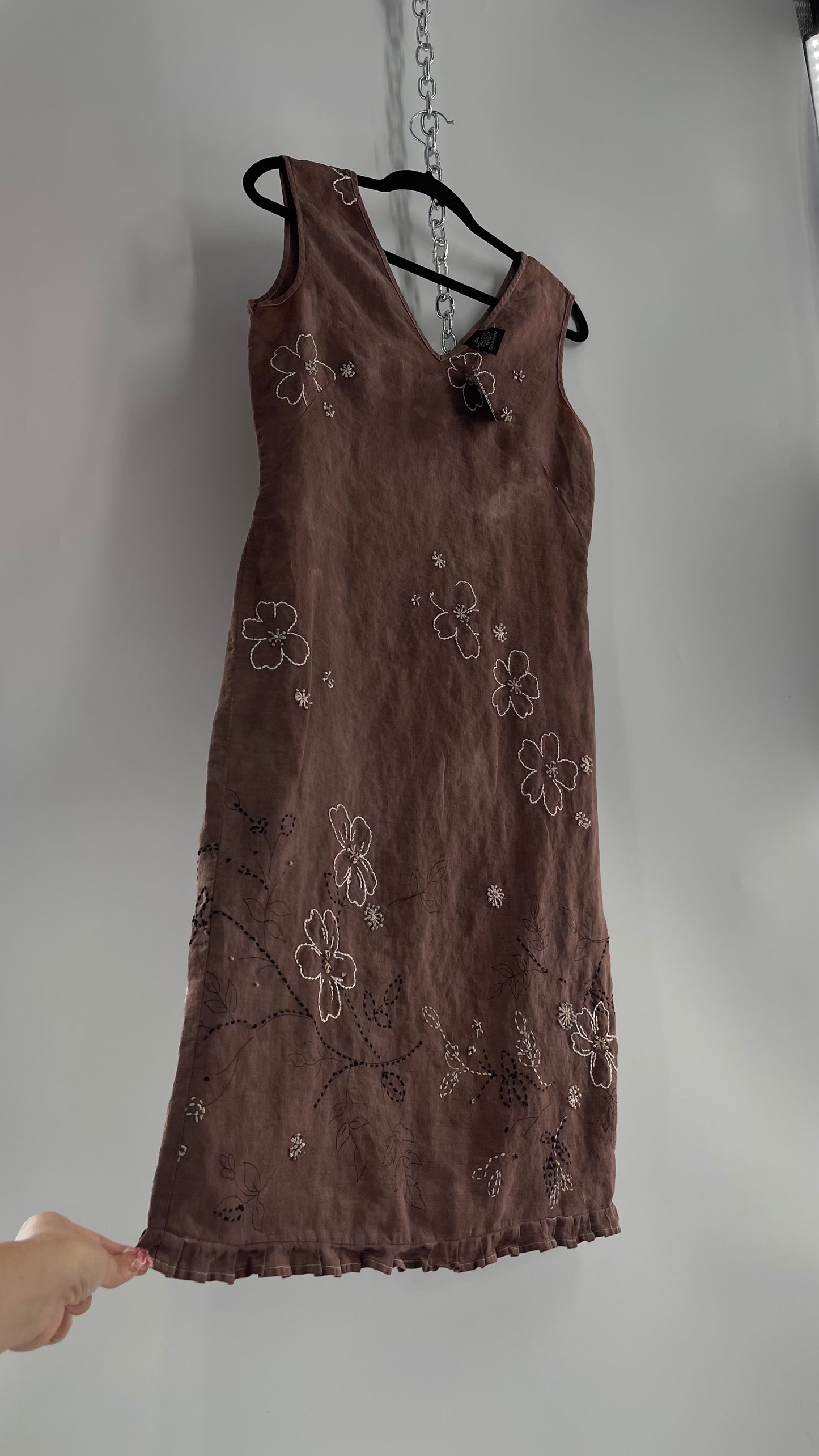 Vintage Willi Smith 100% Linen Dress with Embroidered Florals(10P)