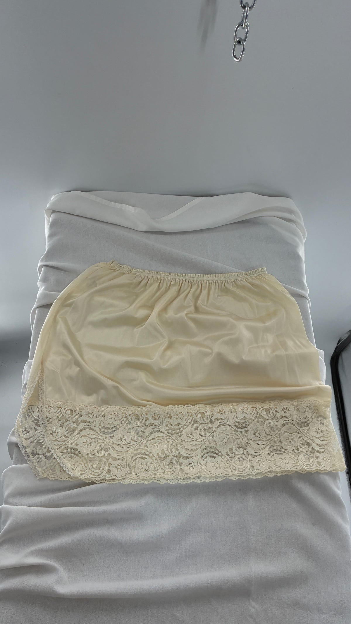 Vintage Vanity Fair Ivory Mini Slip Skirt with Slit and Wide Lace Trim (Medium)