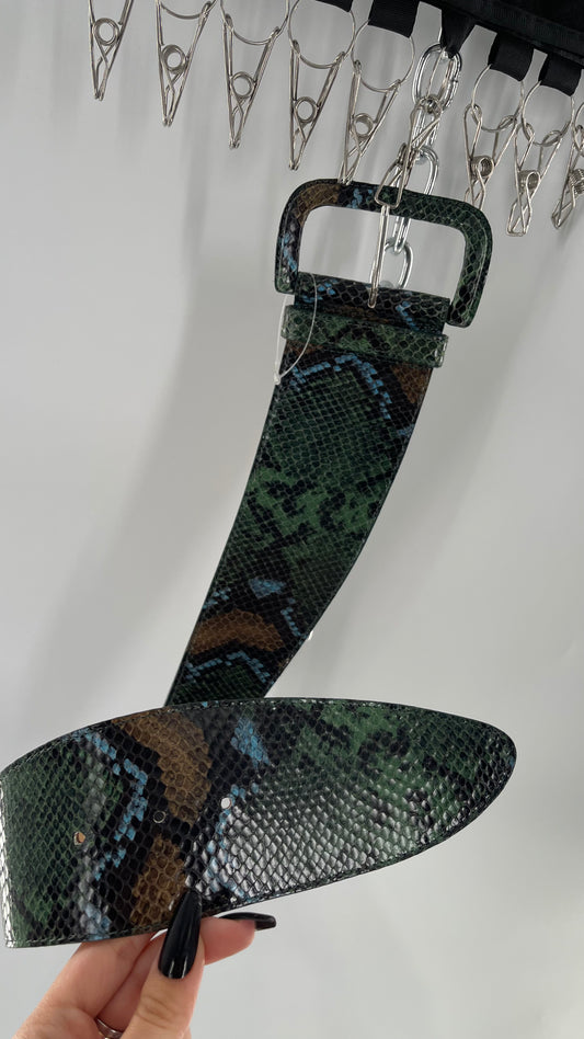 Streets Ahead Green/Blue/Tan Snakeskin Waist Belt with Exaggerated Buckle (XS)