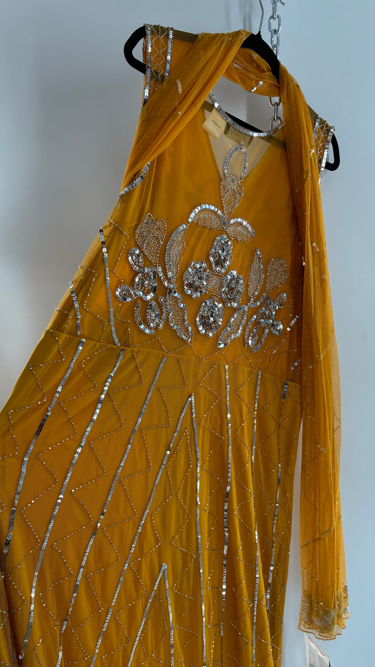 Deadstock Vintage ASHRO 1990s Mustard Yellow Dress with Sheer Back, Neck Scarf and Silver Beading (XXL)