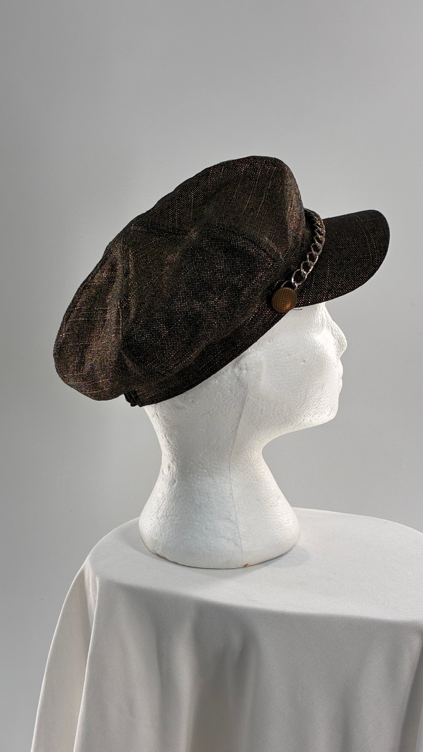 Vintage BADGLEY MISCHKA Metallic Bronze Newsboy Cap with Chain Detail