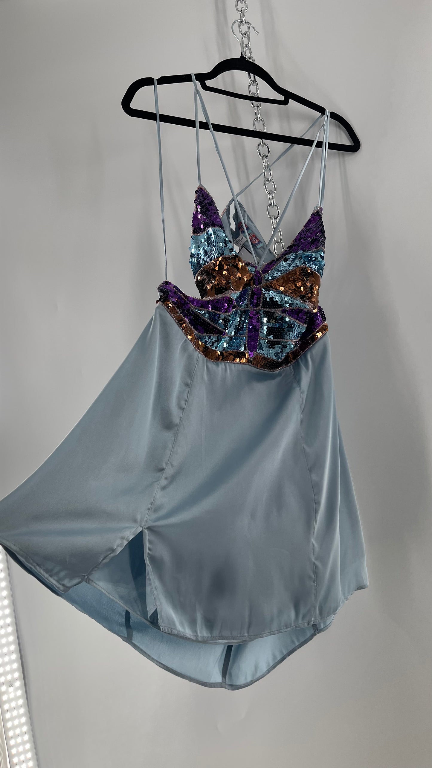 Urban Outfitters Light Blue Satin Butterfly Sequin Size L