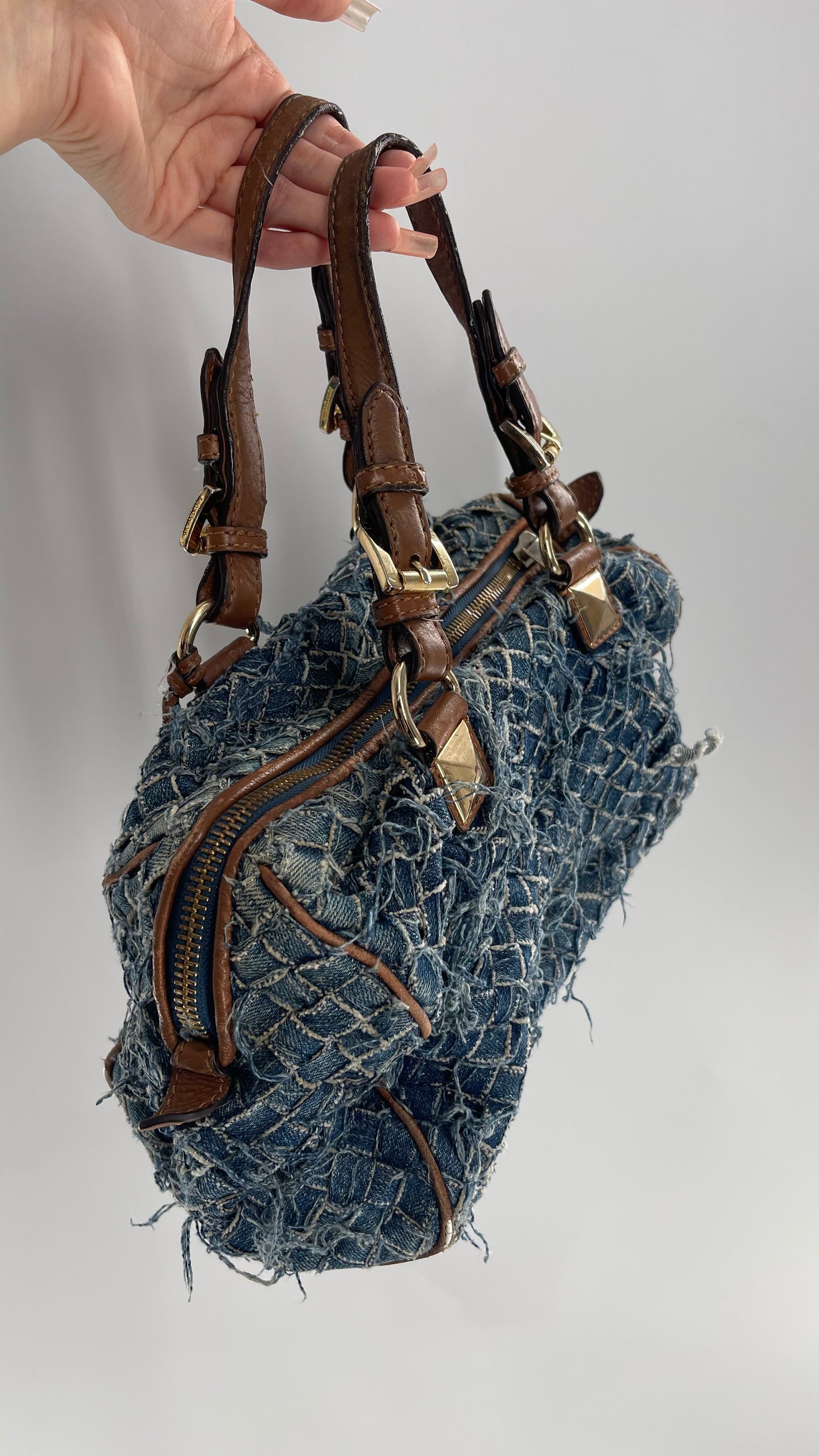 Vintage Michael Kors Woven Distressed Denim Bag with Leather Straps and Gold Hardware