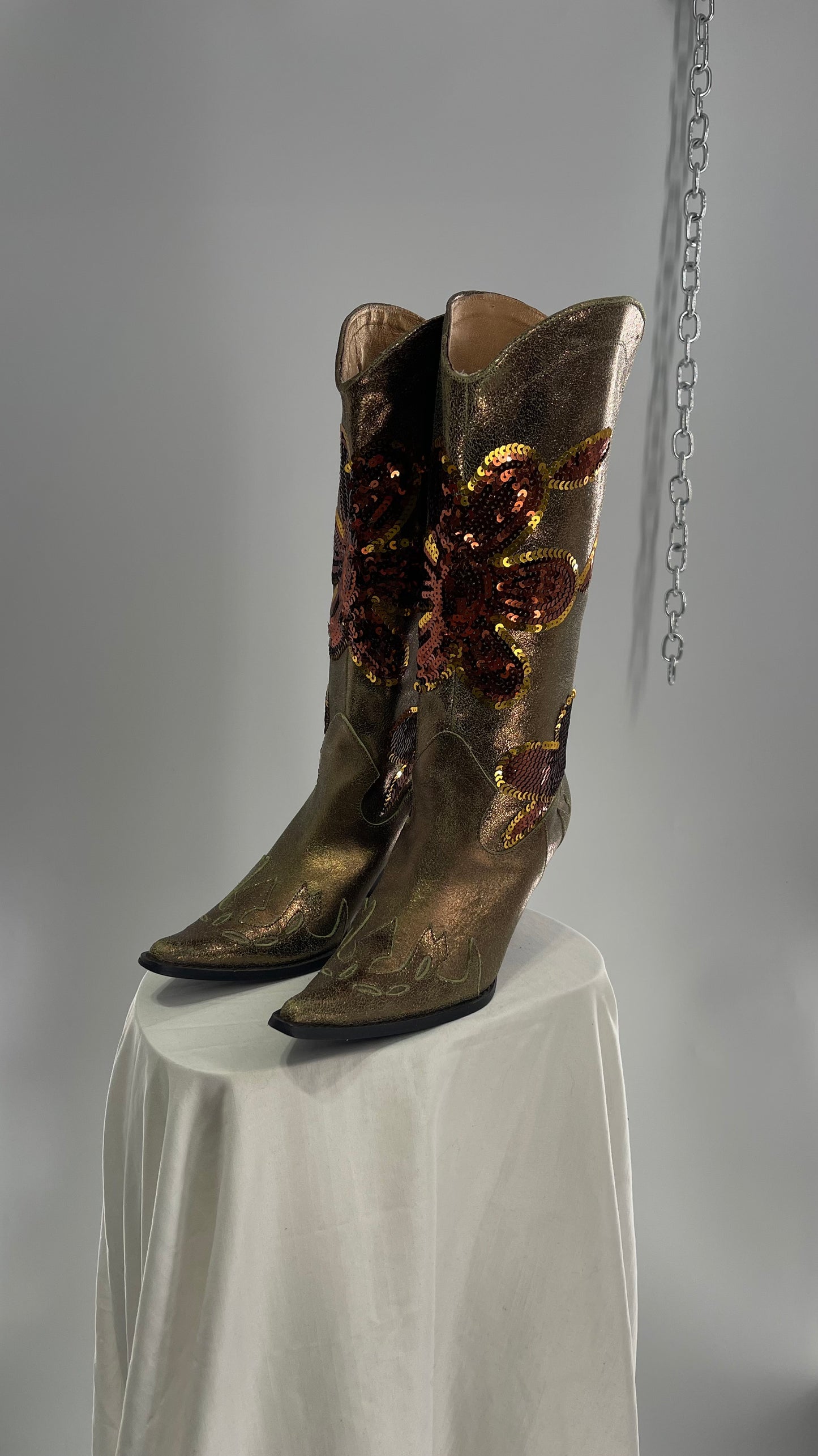 RARE Vintage Foot Candy Sage Green/Bronze Leather Cowboy Boots with Sequin Flowers and Flame Details (6.5)