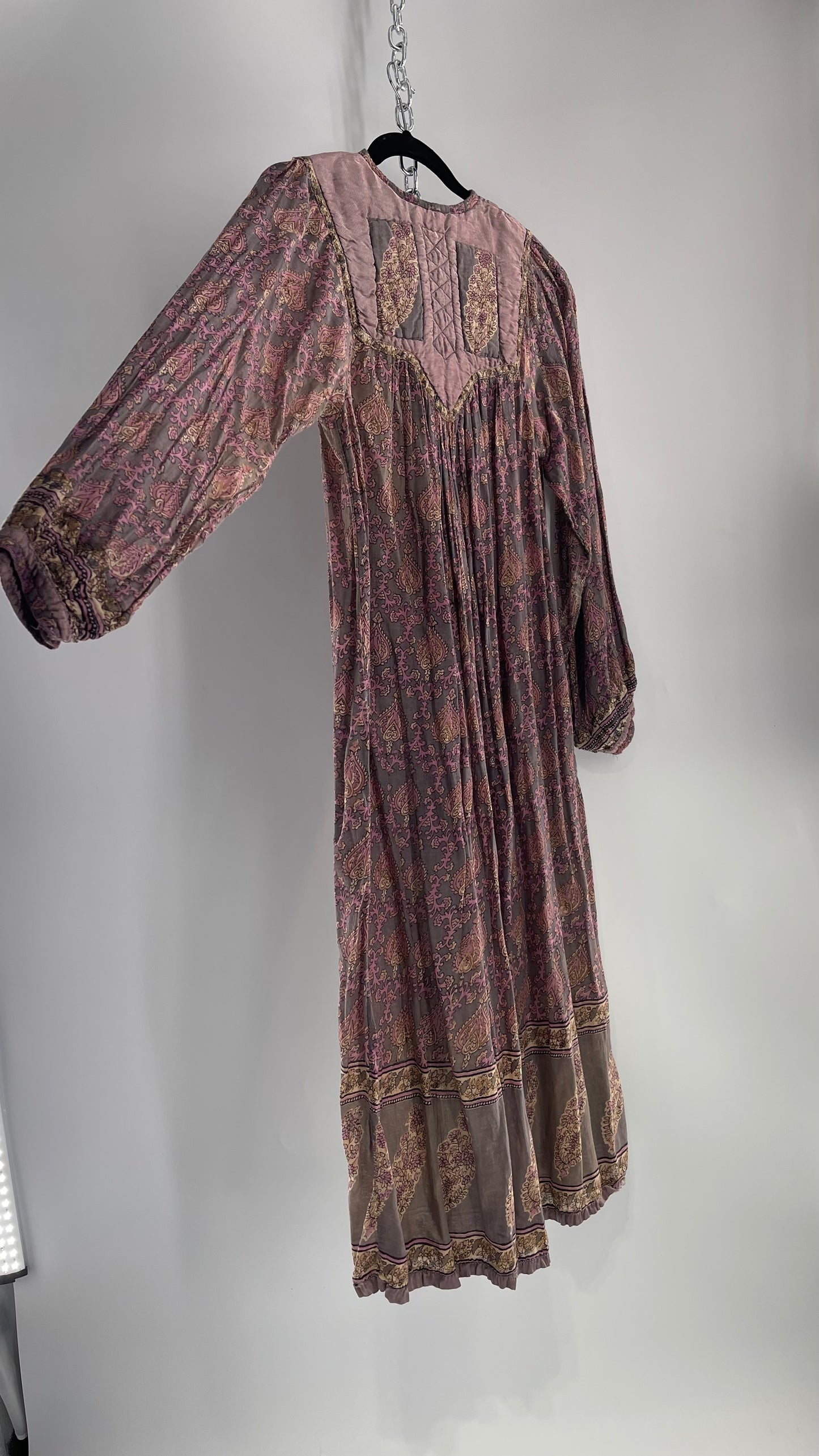 Vintage 1970s Handmade Dusty Purple Full Length Dress with Paisley Pattern and Quilted Neckline (Small)