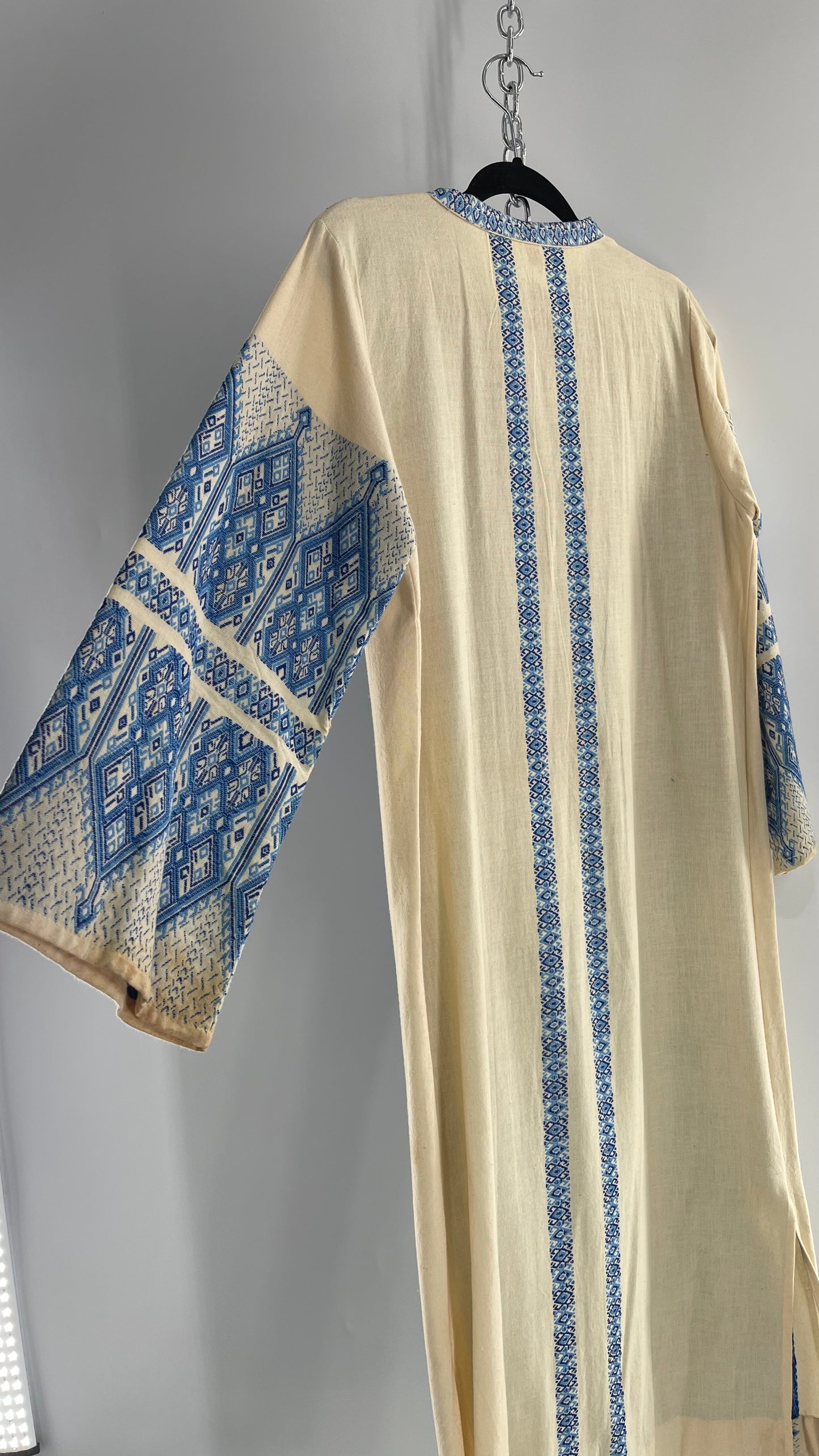 Vintage Pericles 1970s Wool Blend Off White Tunic Gown with Blue Needlepoint Embroidery