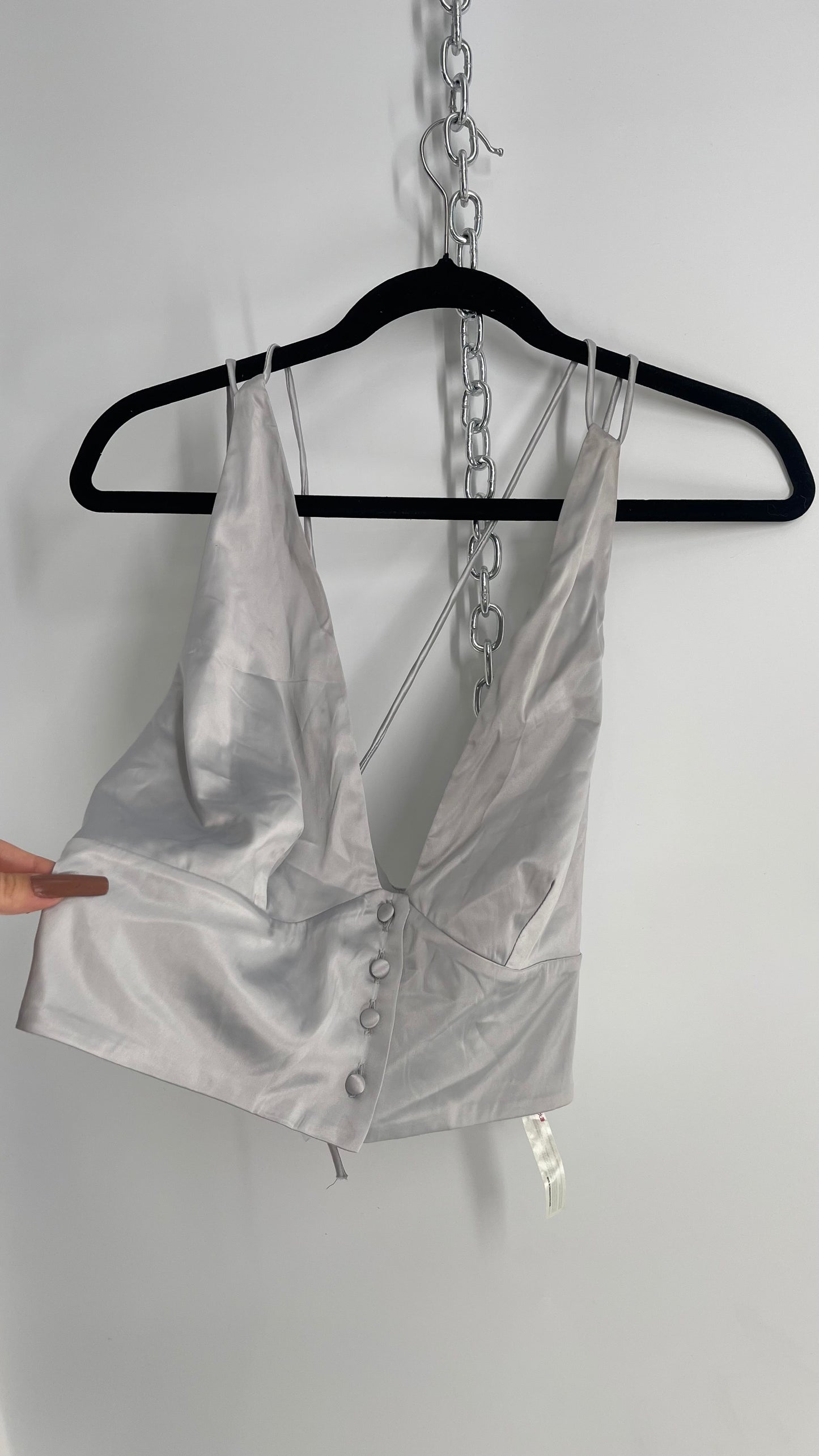 Free People Silver Satin Button Front Halter (XL)