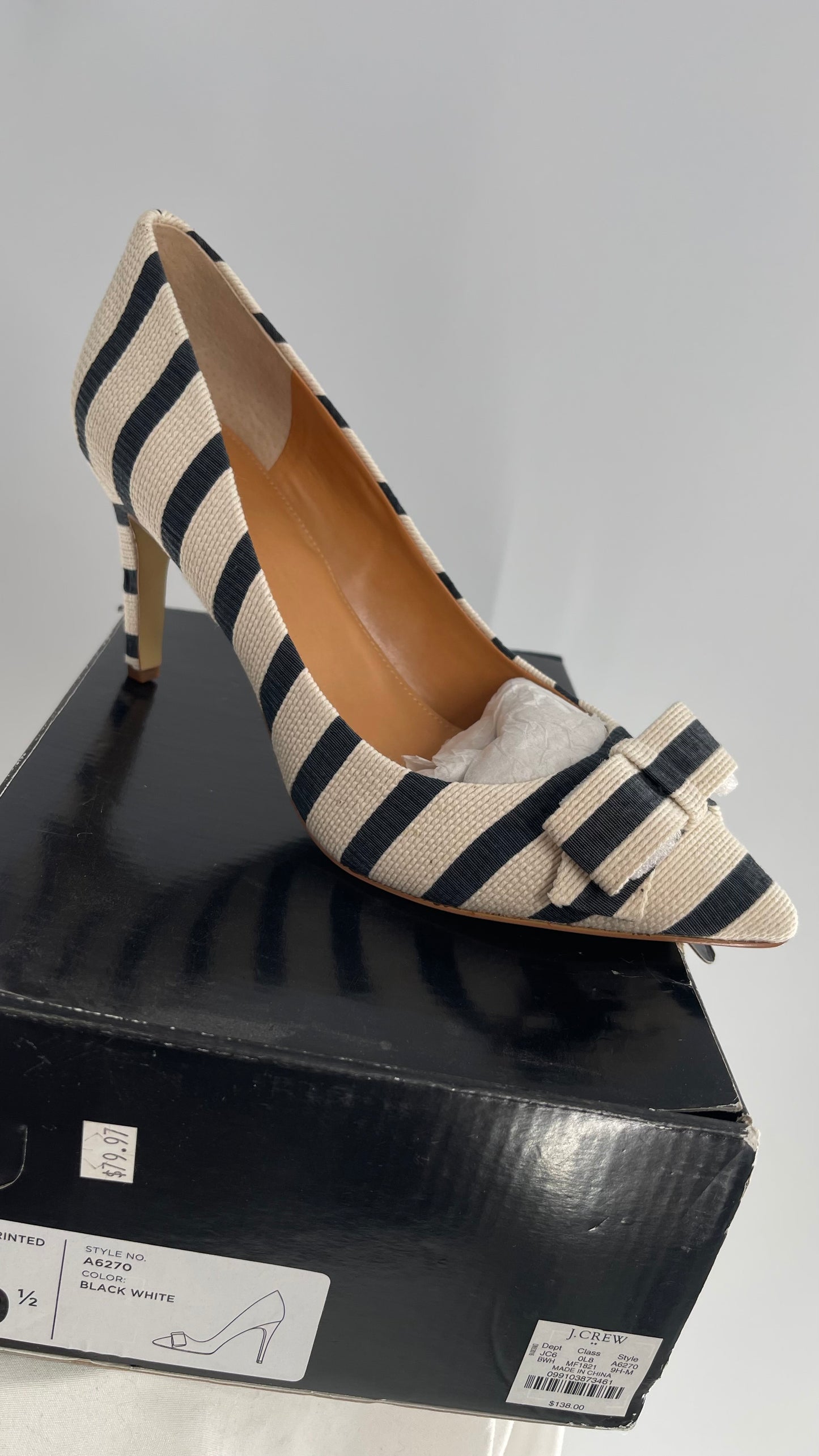 JCREW Cloth Off White and Blue Striped Bow Front Heel (9.5)