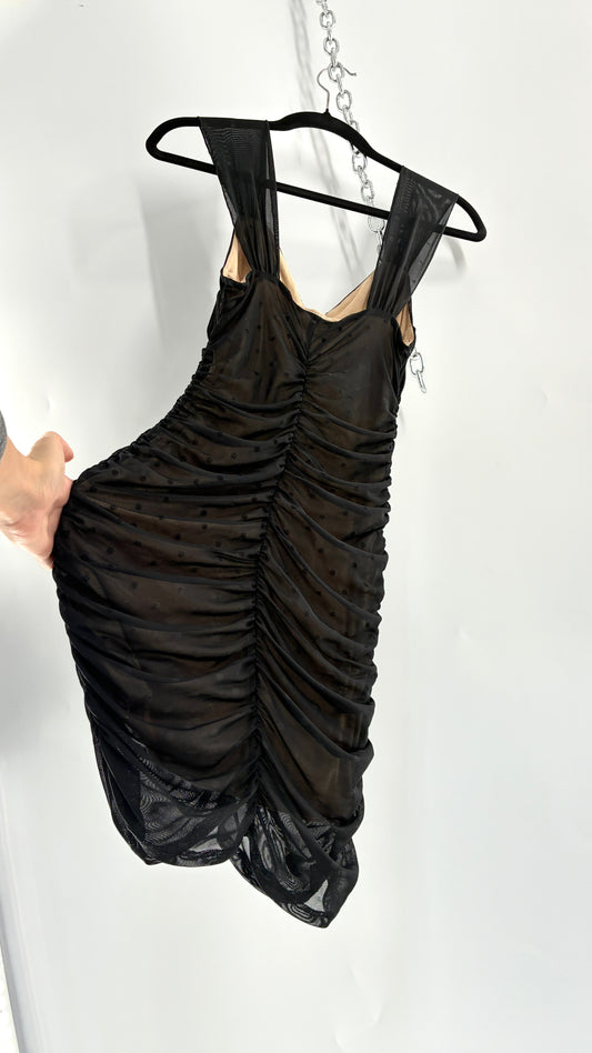 Urban Outfitters Nude Underlay Sheer Black Overlay Polka Dotted and Ruched Bodycon Mini Dress (XS)