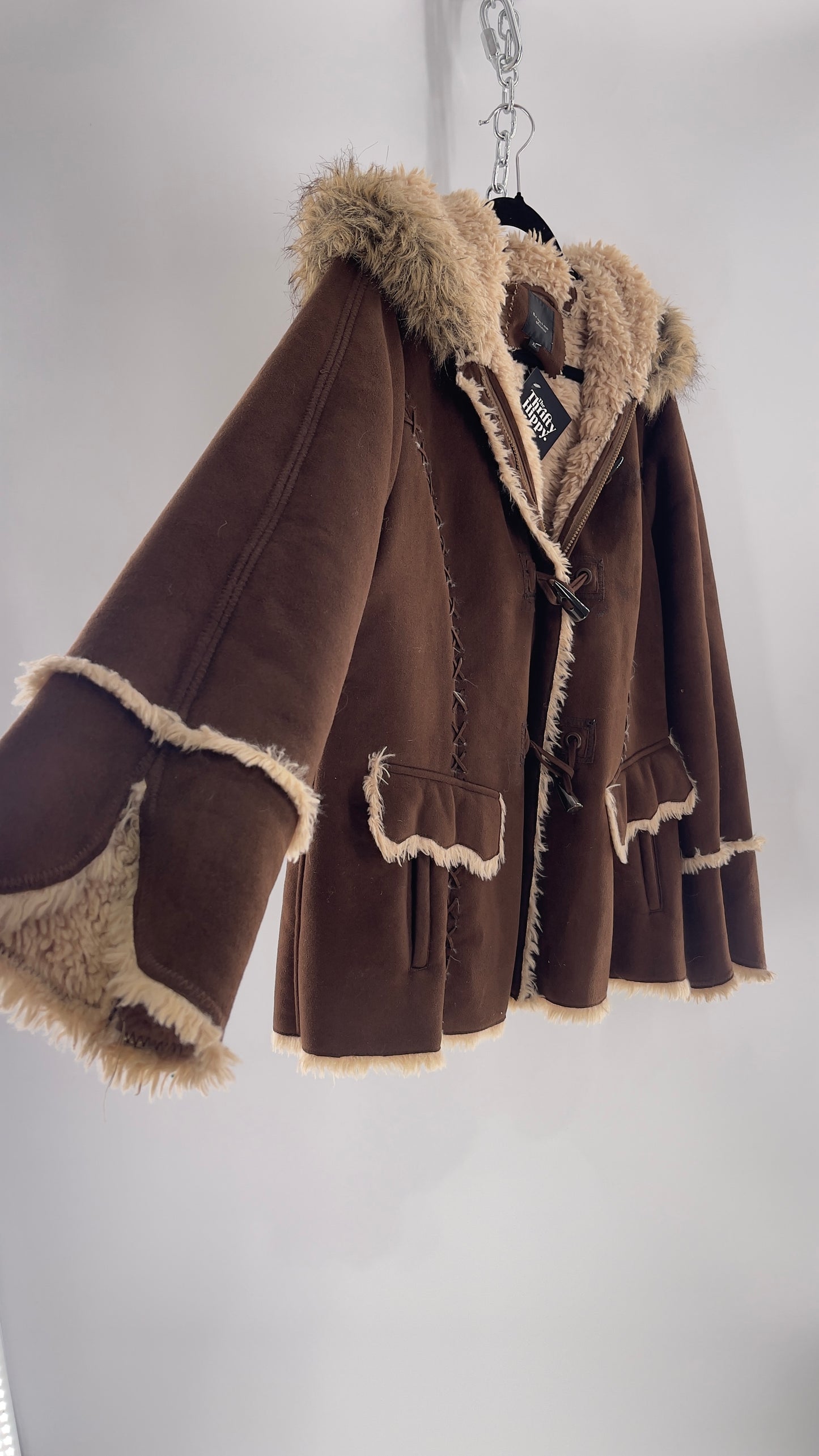 Vintage Braetan Brown Zip Up Coat with Contrast Fur Trim (C) (XL)