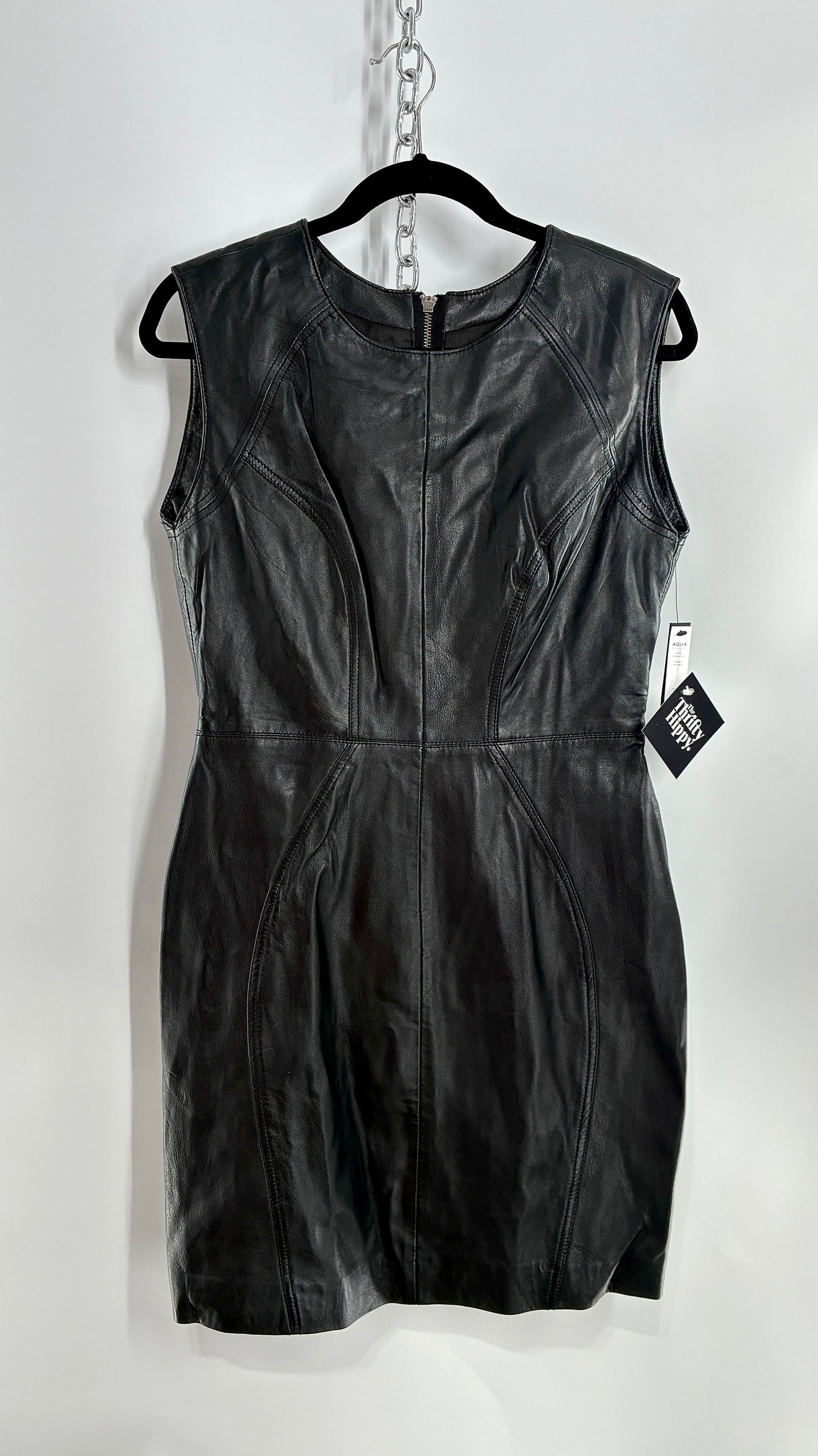 AQUA LUXE Black Leather Bodycon Paneled Dress with Tags Attached (Small)