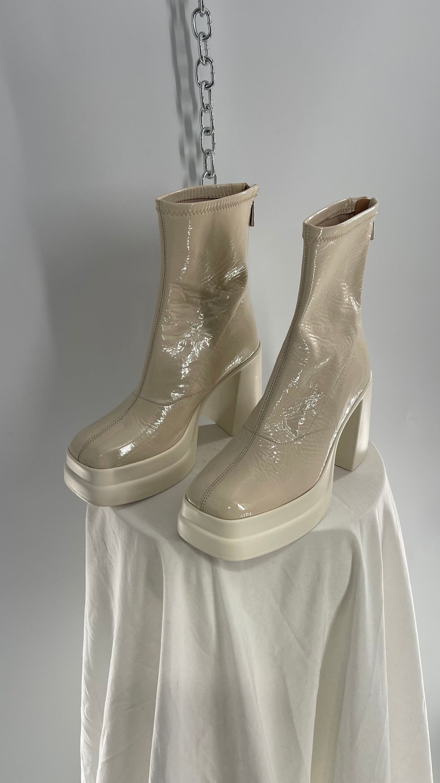 Free People Double Stack Y2k 90s Platform Off White/Cream Leather Boots (37)