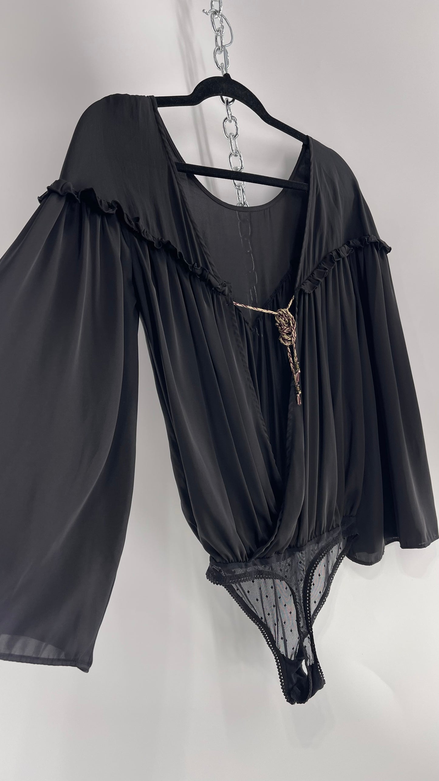 Free People Black Silky Ruffled Sweetheart Neckline Detail with Pleated Bodice and Open Back (XS)