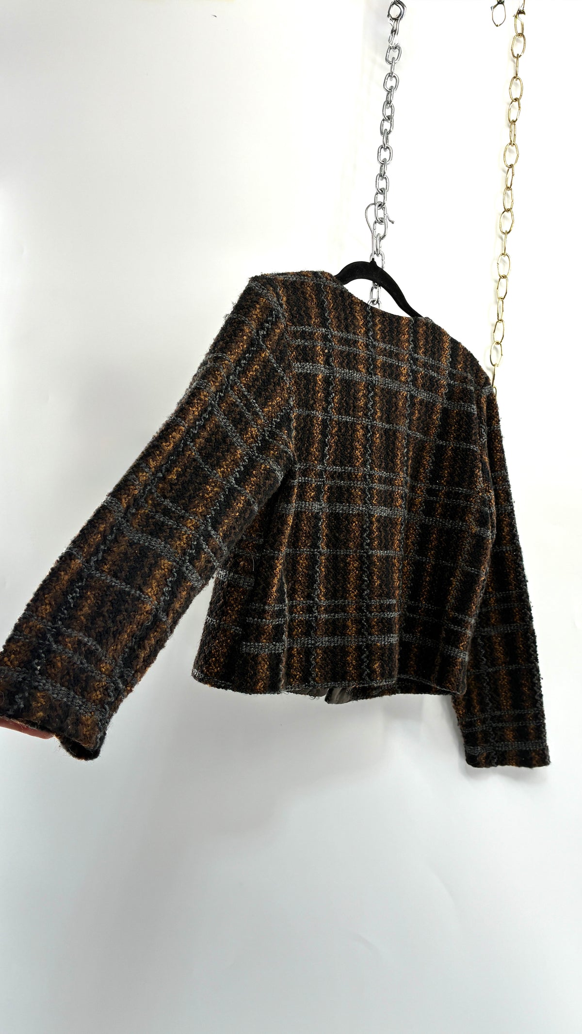 Vintage FIRST OPTION Plaid Knit Cardigan Jacket with Jewel Broche (Small)