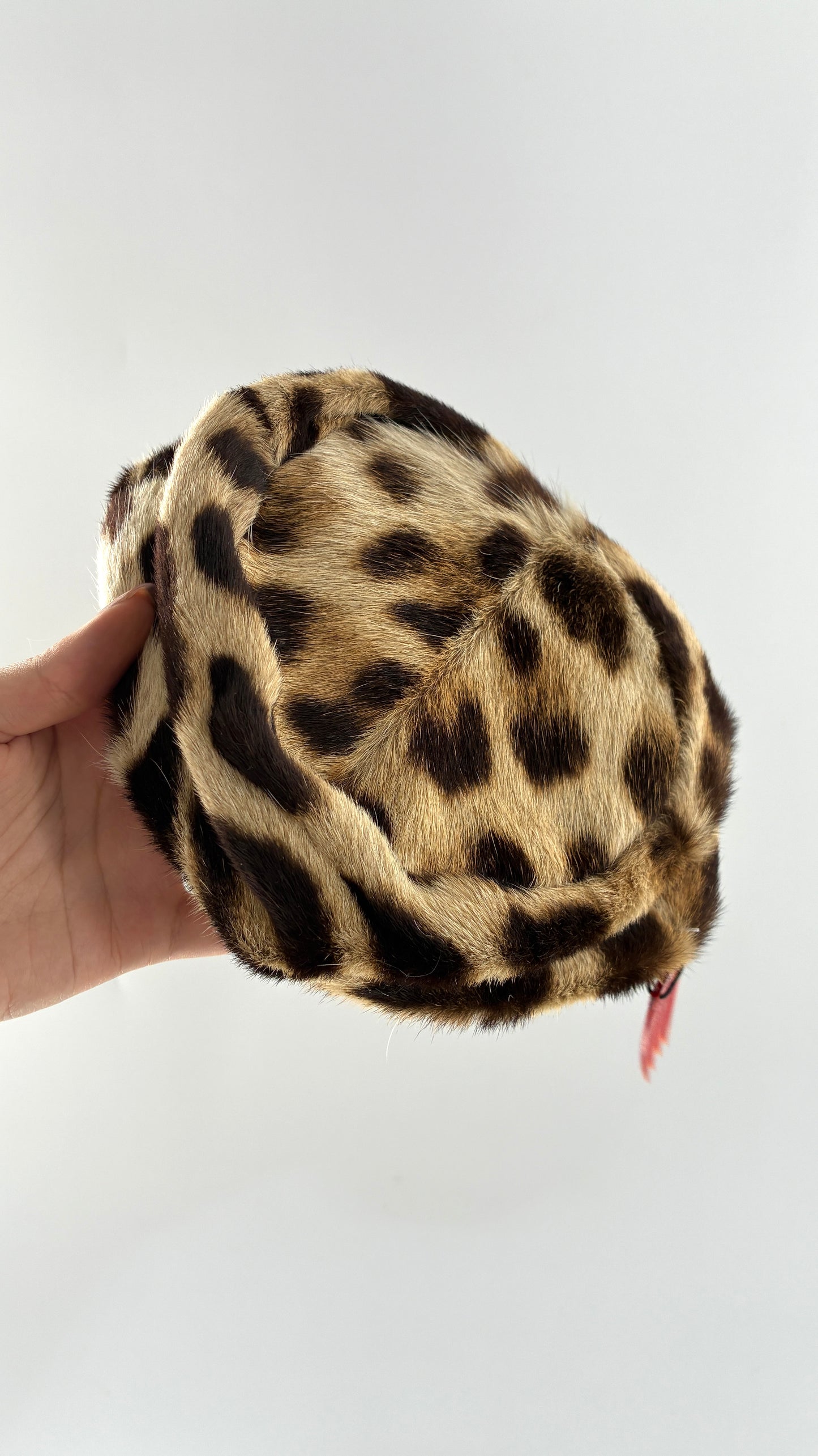 Vintage Cheetah Printed Genuine Fur Clip on Pill Box Hat