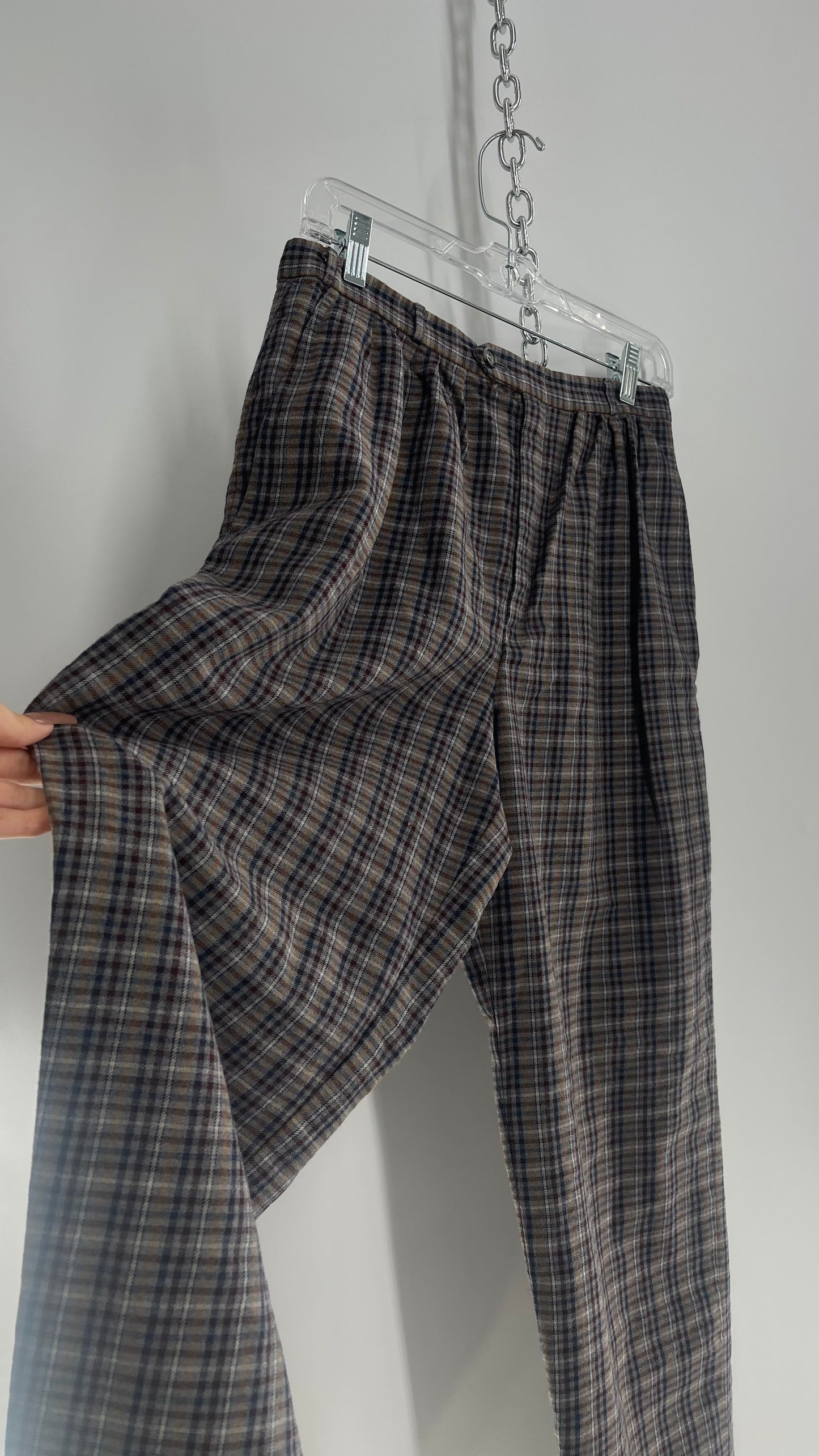 Vintage 100% Wool Gray Muted Tones Plaid Pleated Baggy Trousers (2)