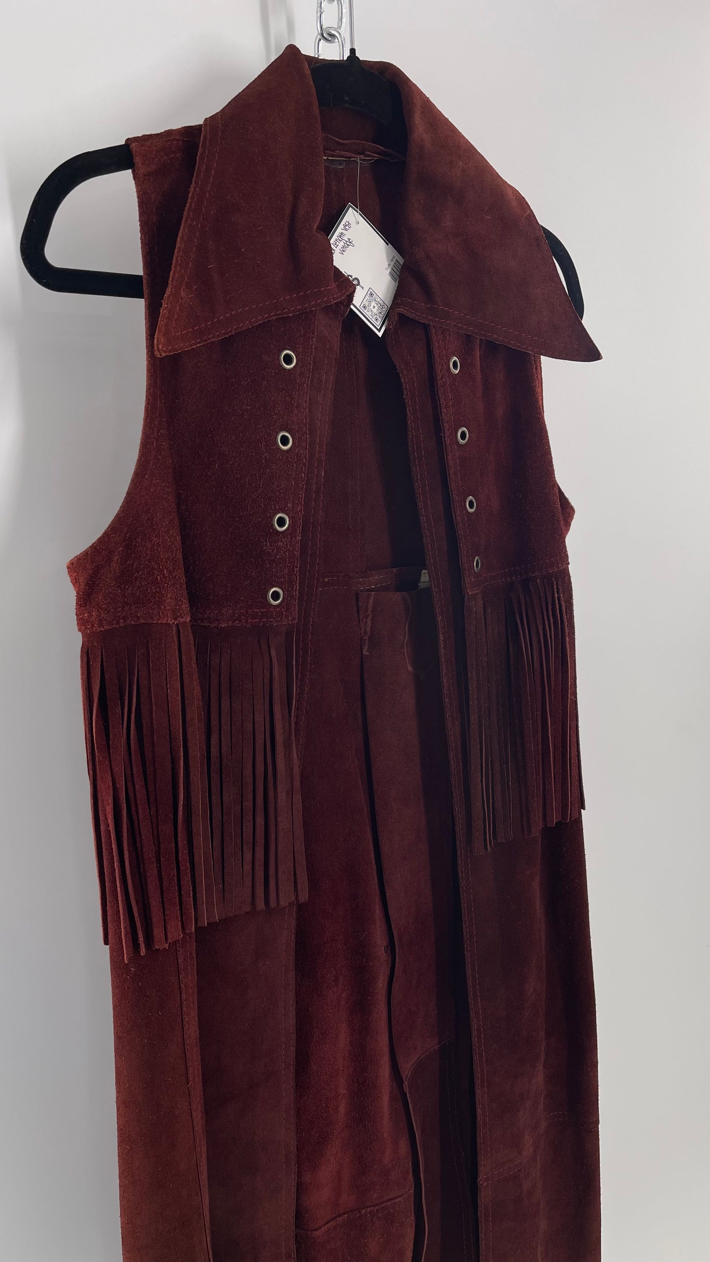 Vintage 1970s Suede Leather Full Length Reddish Brown Vest (S/M)