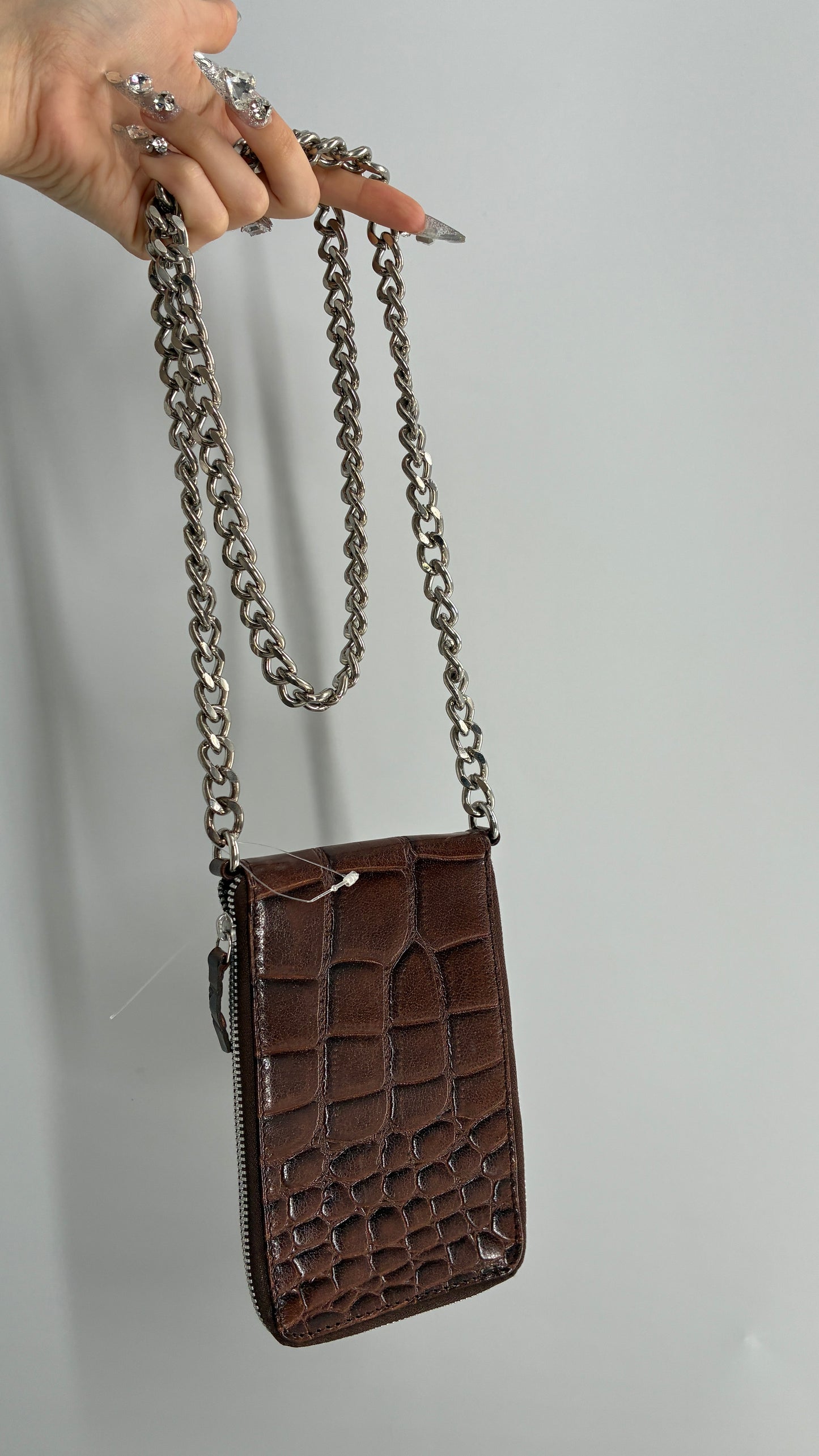Free People Brown Crocodile Embossed Leather Phone Case Purse