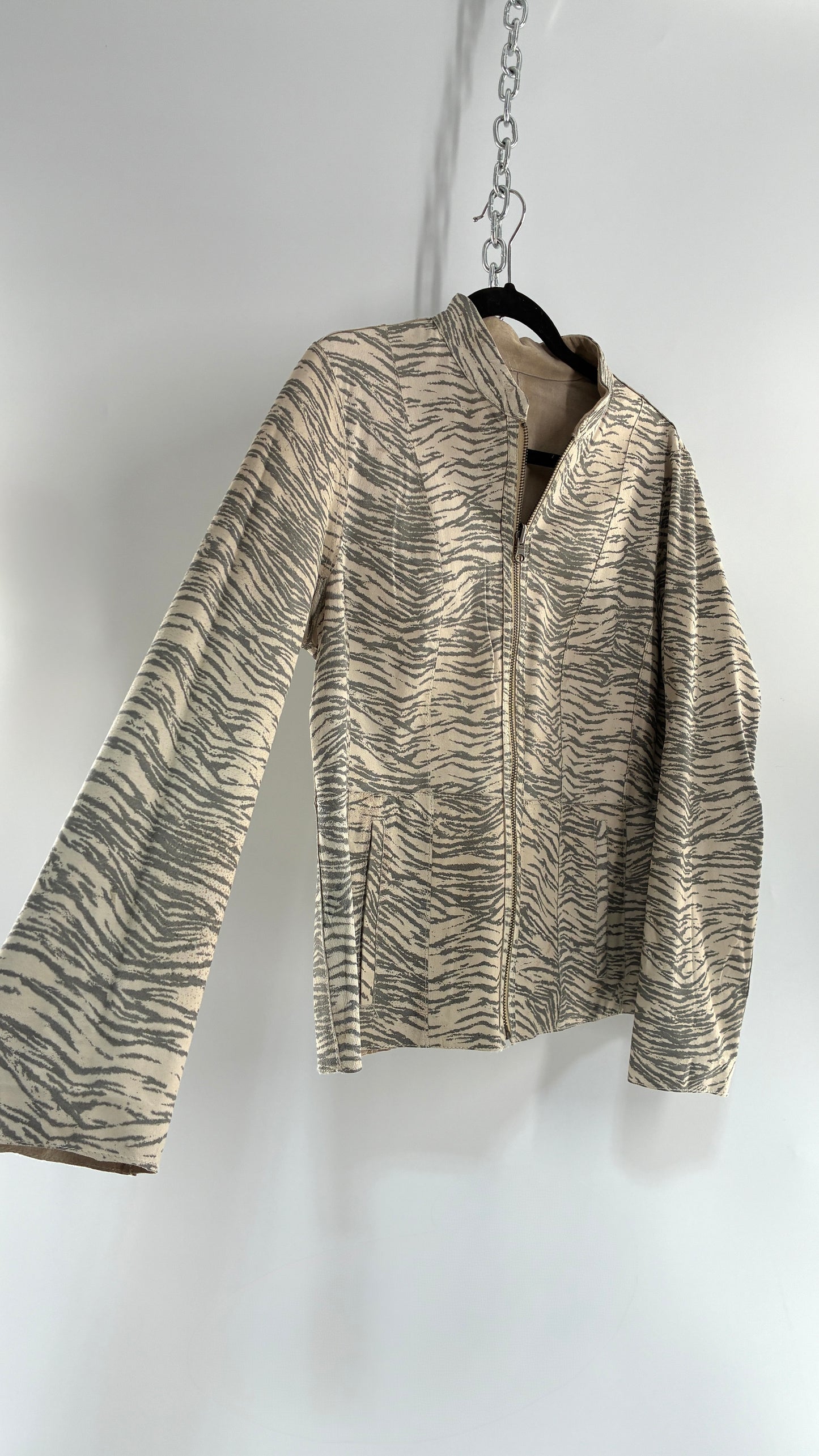 Vintage Reversible Thin Genuine Suede Leather Zip Up Jacket Beige/Zebra (Medium)