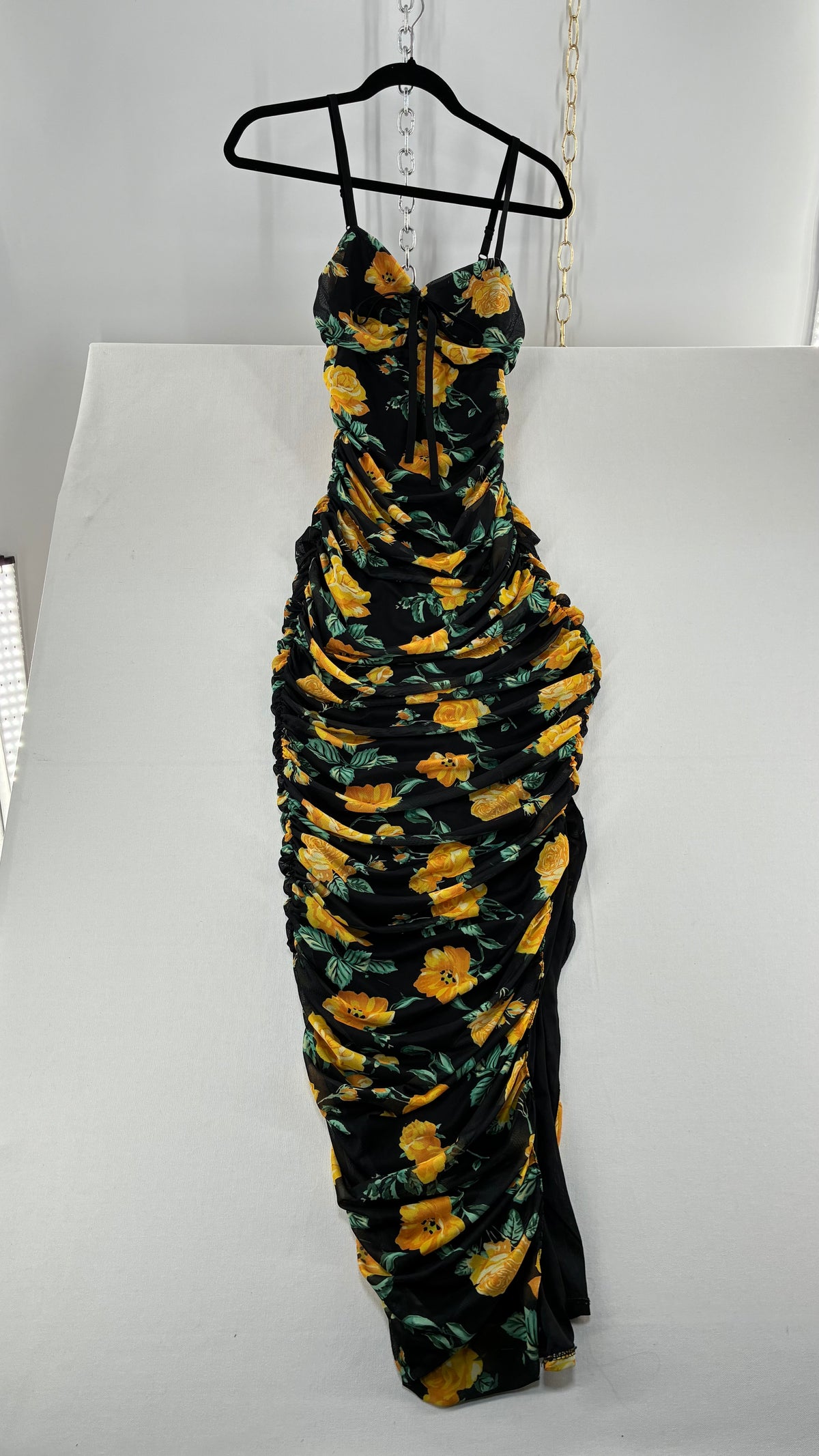 Vintage VÊNUS Floral Black, Yellow Ruched Full Length Dress (XS)