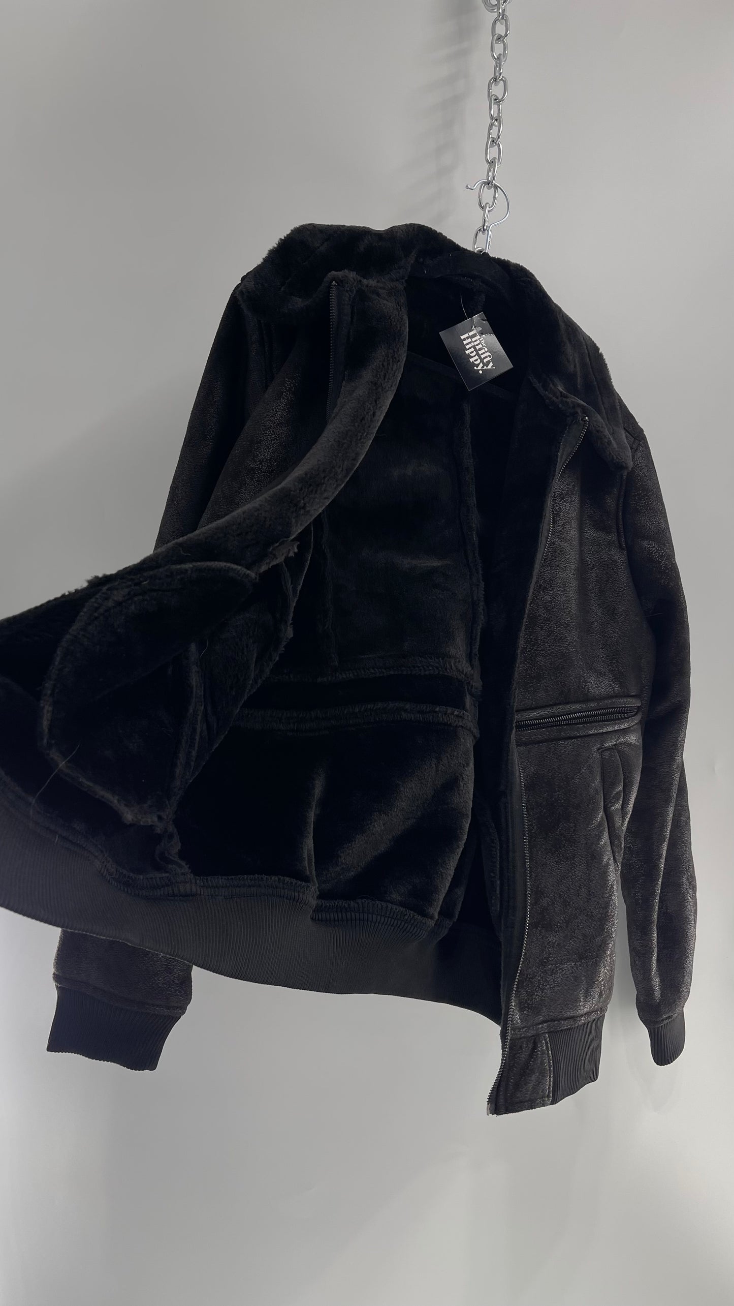 Black Faux Suede Bomber Jacket with Shearling Fur Lining (XL)