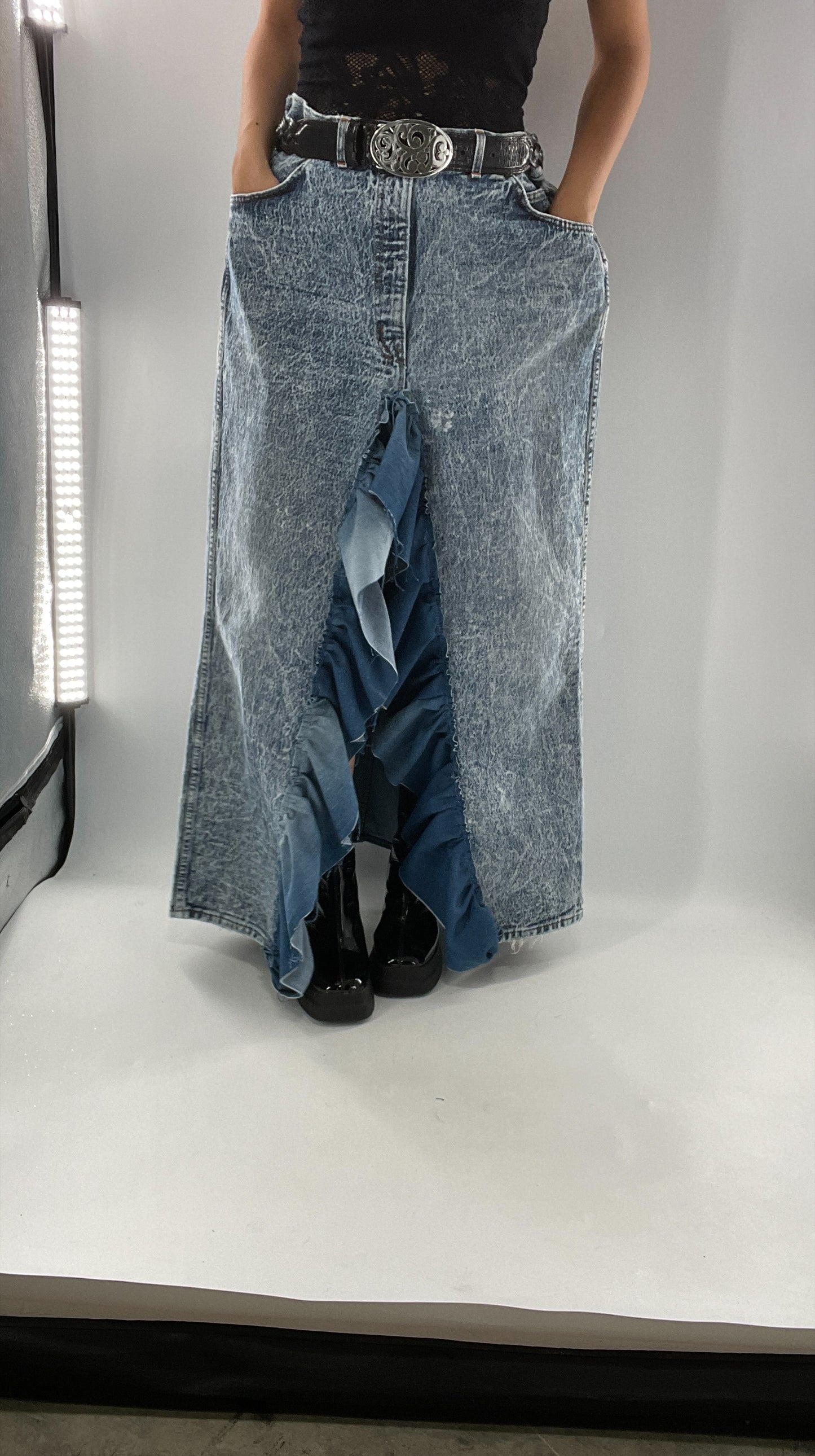 Custom Handmade Acid Wash Denim Slit Front Ruffled Skirt with Bow Bum (Large)