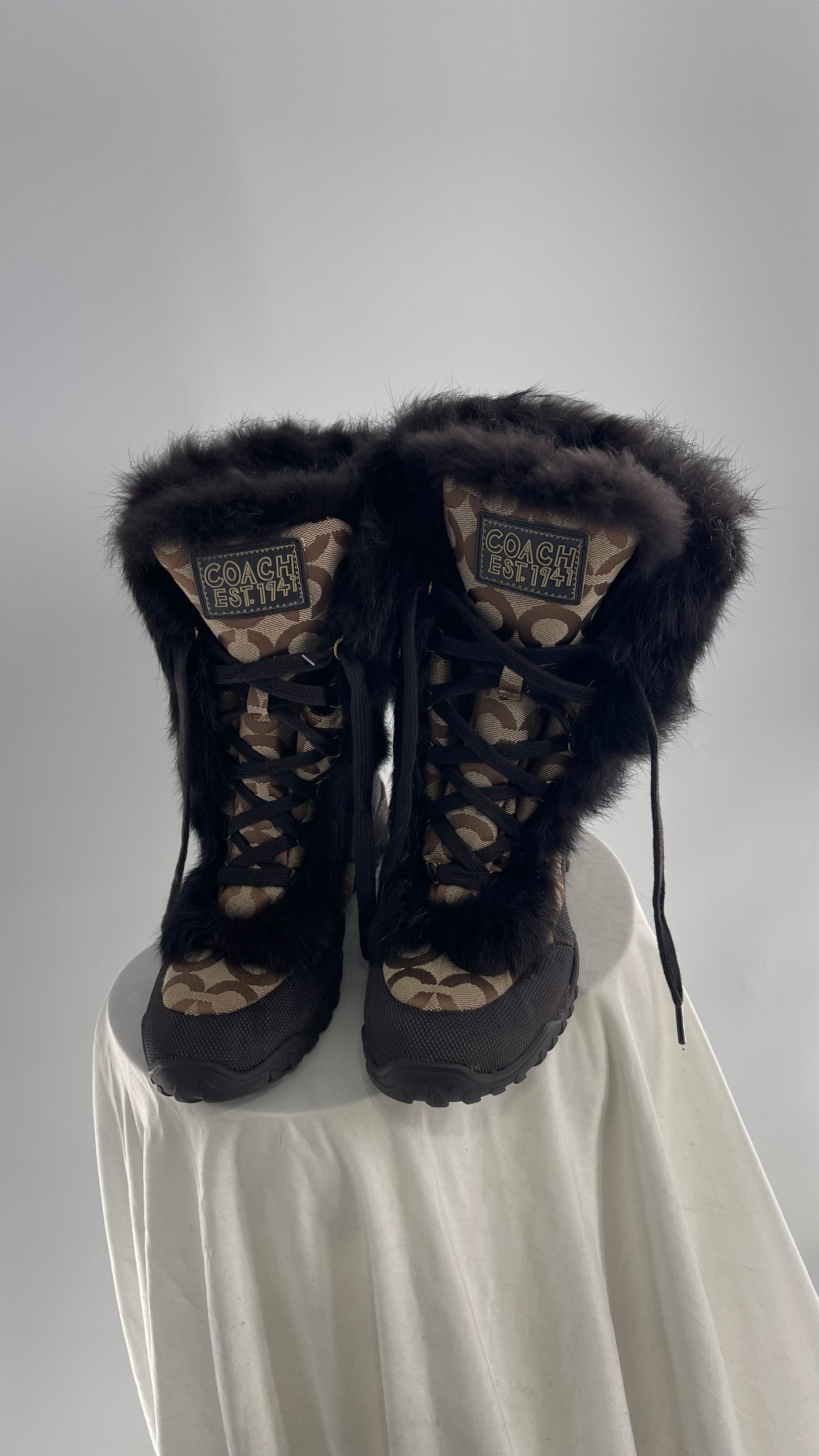 COACH Jennie Signature Quilted All Over Monogram Print Winter Boot with Rabbit Fur Trim (9)