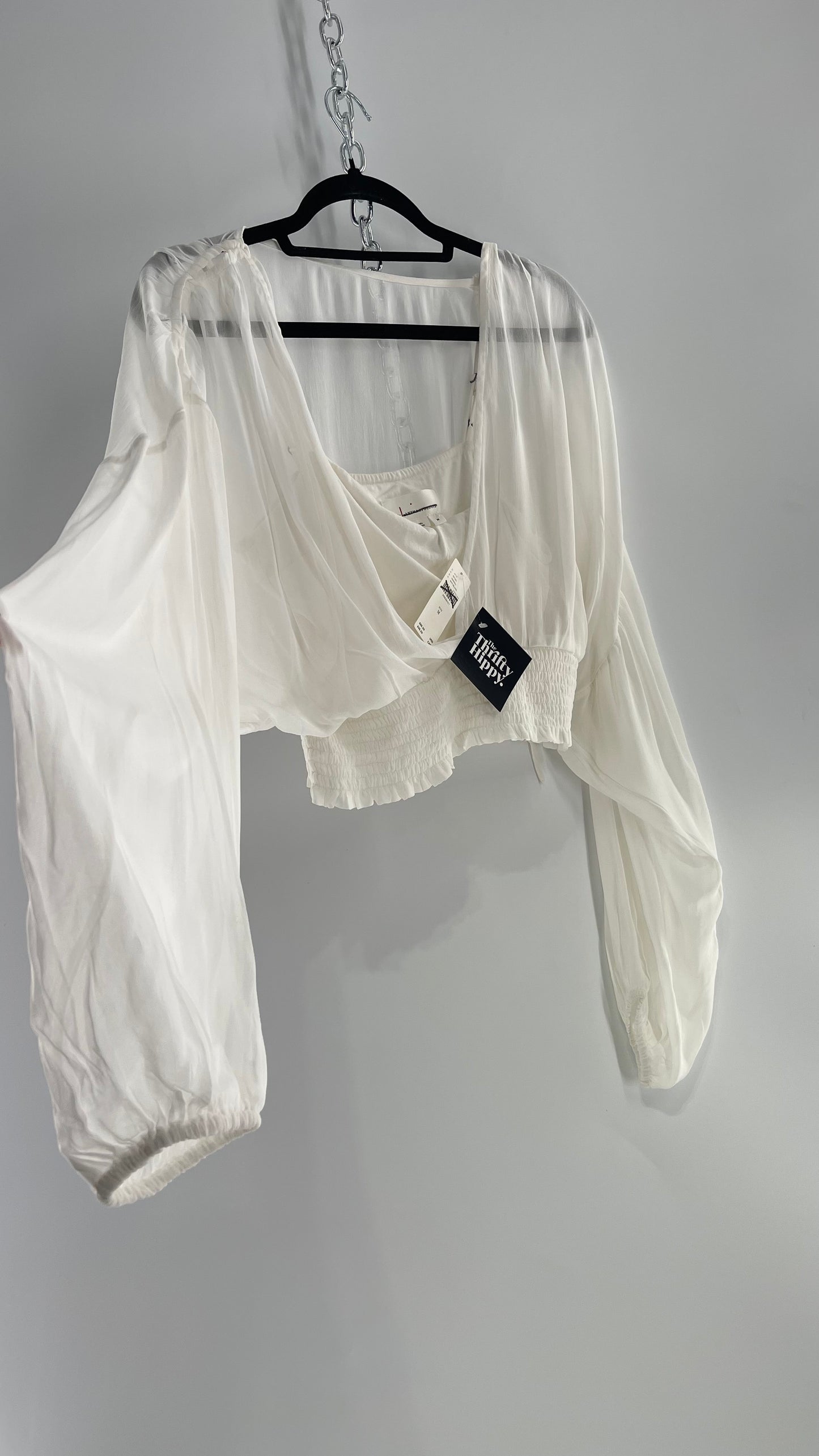 Anthropologie Sheer Balloon Sleeve Blouse with Smocked Waistline and Cropped Inner Tank with Rubber on Bust and Tags Attached (Medium)