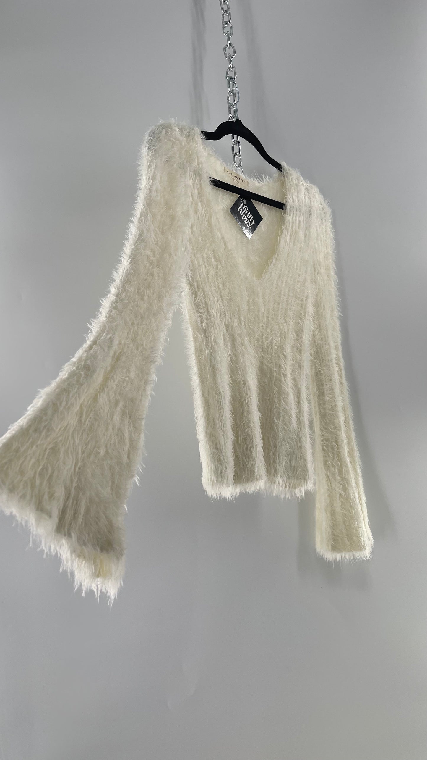 LA Hearts White Fuzzy Bell Sleeve V Neck Sweater (Large)