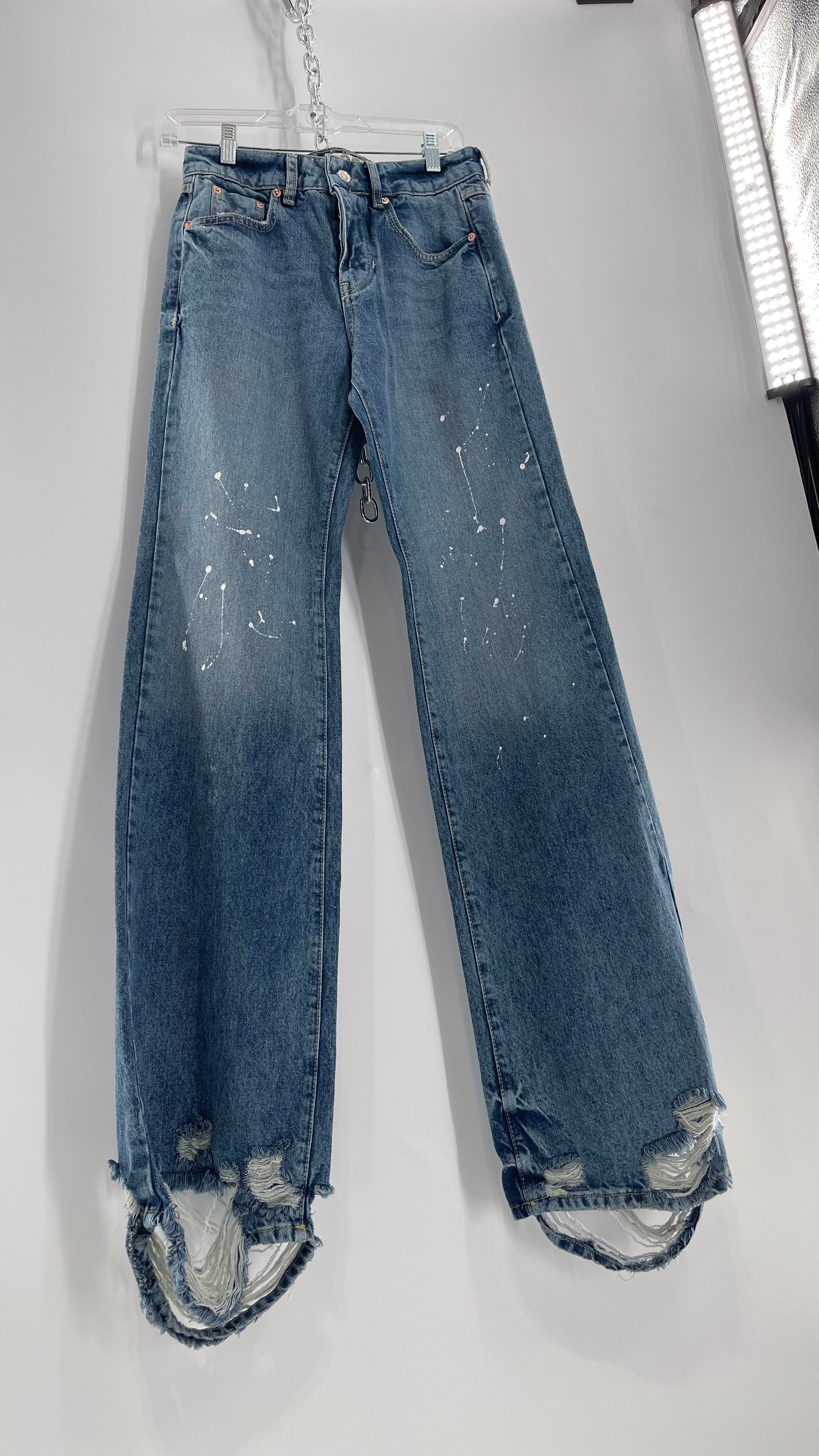 Free People Light Wash Straight Leg Jeans with Distressed Hem, Double Pockets and White Paint with Tags Attached (25)