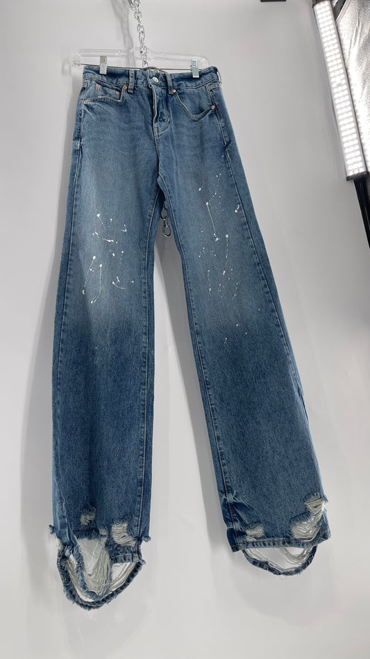 Free People Light Wash Straight Leg Jeans with Distressed Hem, Double Pockets and White Paint with Tags Attached (25)