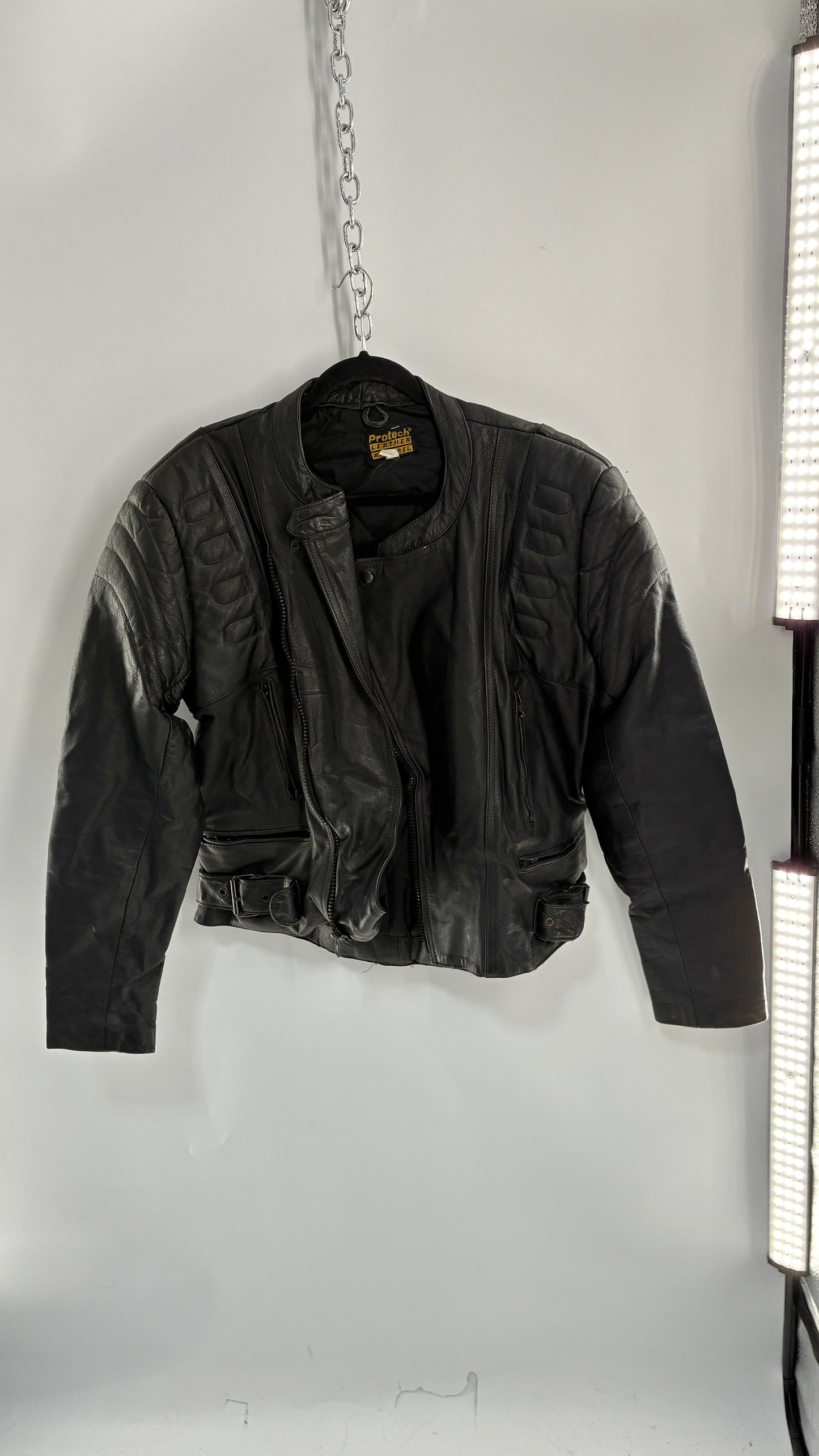 Vintage PROTECH Black Leather Motorcycle Jacket (46)
