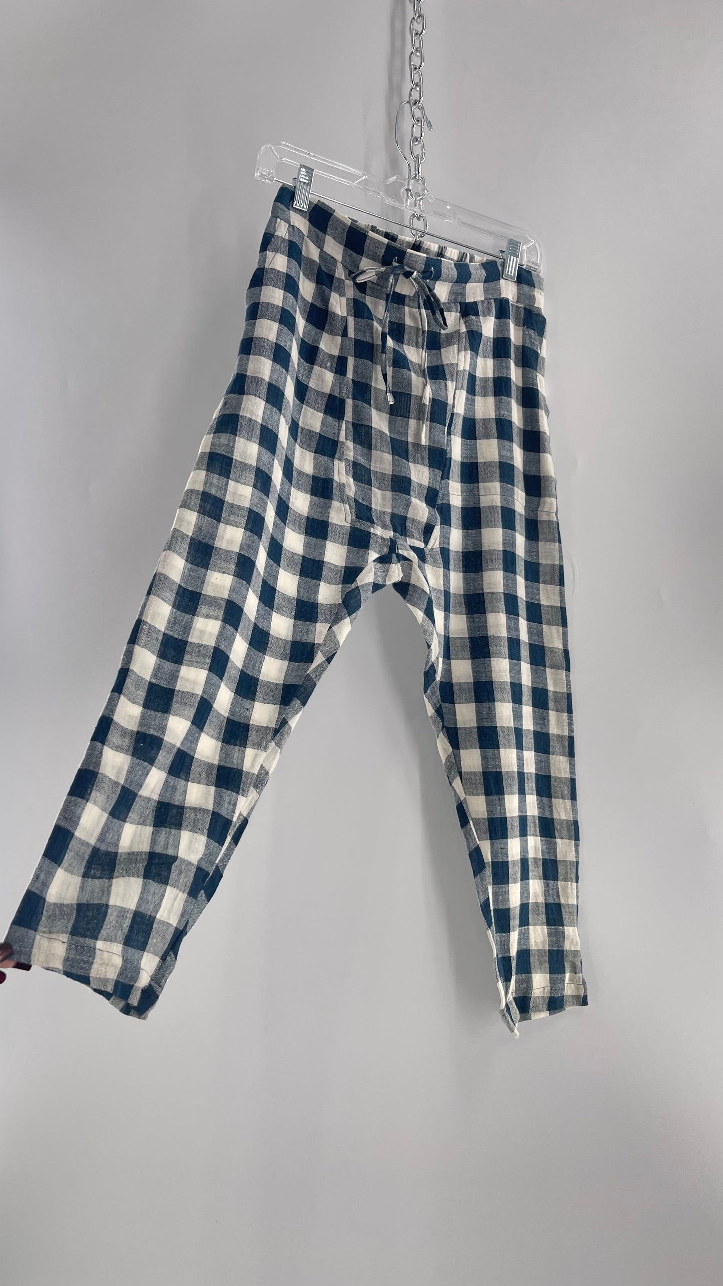 FAIRCLOTH Gingham Checkered White and Blue Linen/Cotton Cropped Drop Crotch (Small)