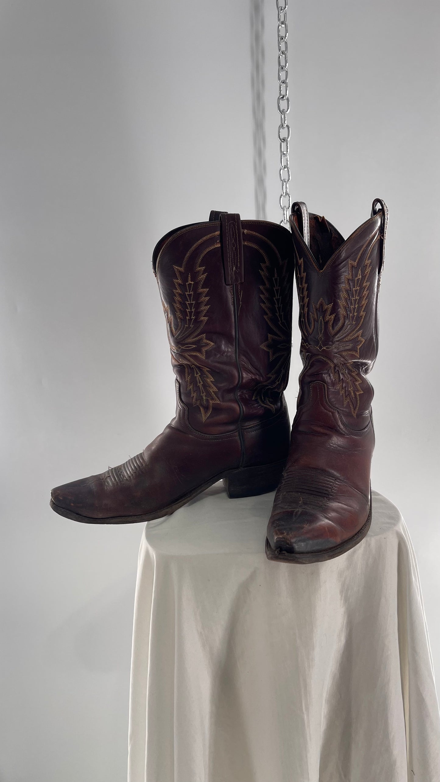 Vintage Men’s 1883 Luchesse Lived In Brown Cognac Leather Pointed Toe Cowboy Boots with Embroidery (12)