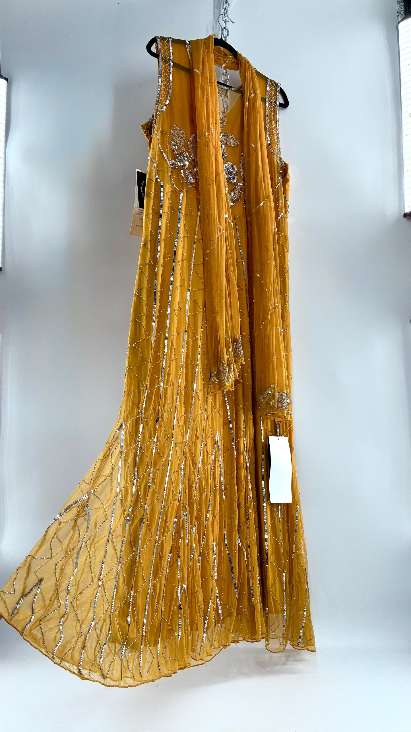 Deadstock Vintage ASHRO 1990s Mustard Yellow Dress with Sheer Back, Neck Scarf and Silver Beading (XXL)